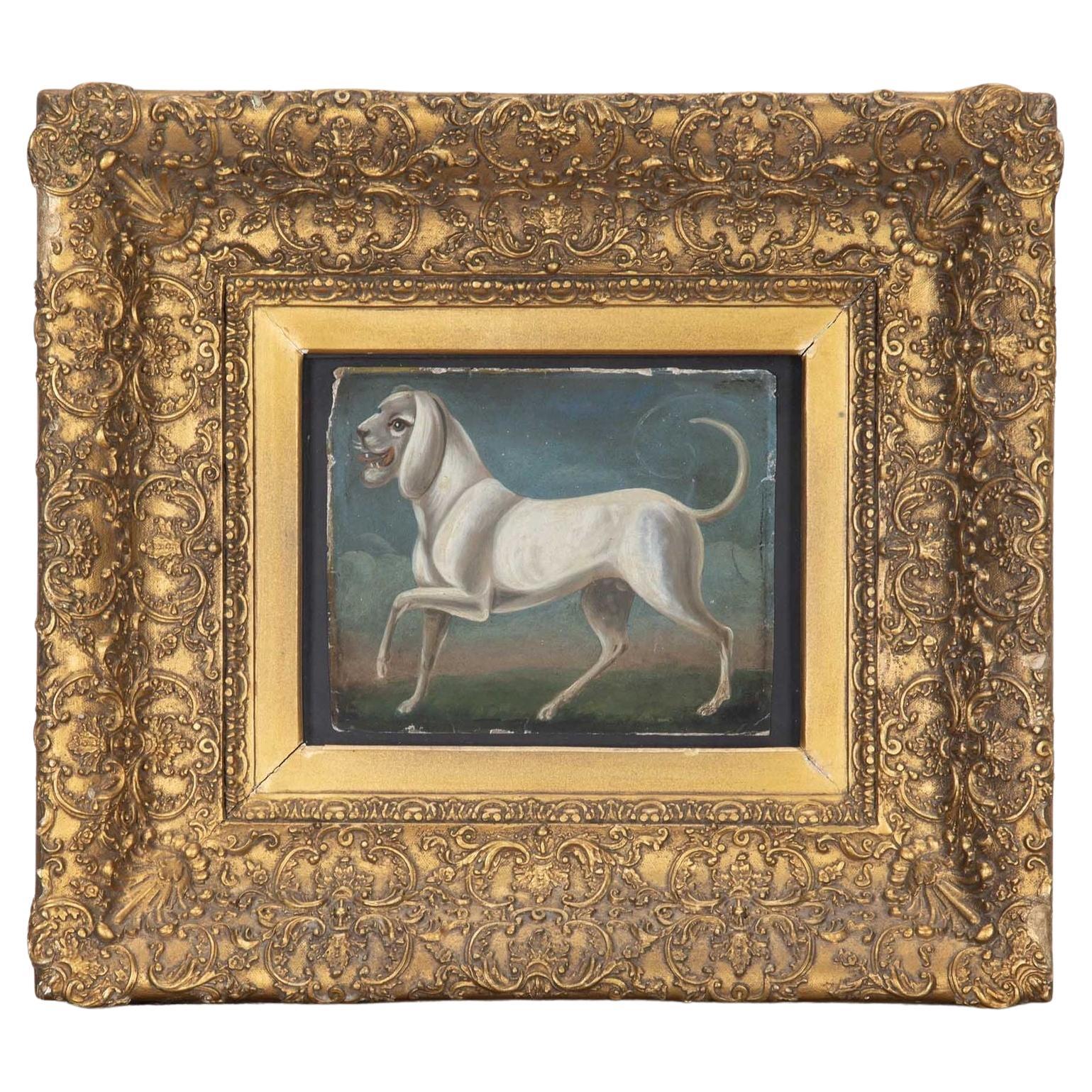Peinture à l'huile italienne du 17e siècle représentant un chien dans un cadre doré du 19e siècle