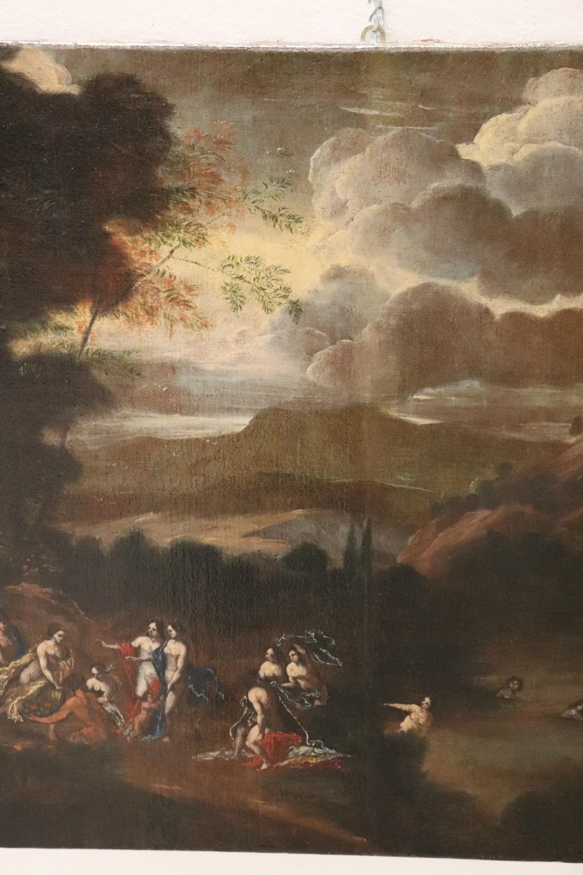 Huilé Peinture à l'huile sur toile italienne du 17e siècle, paysage avec figures en vente