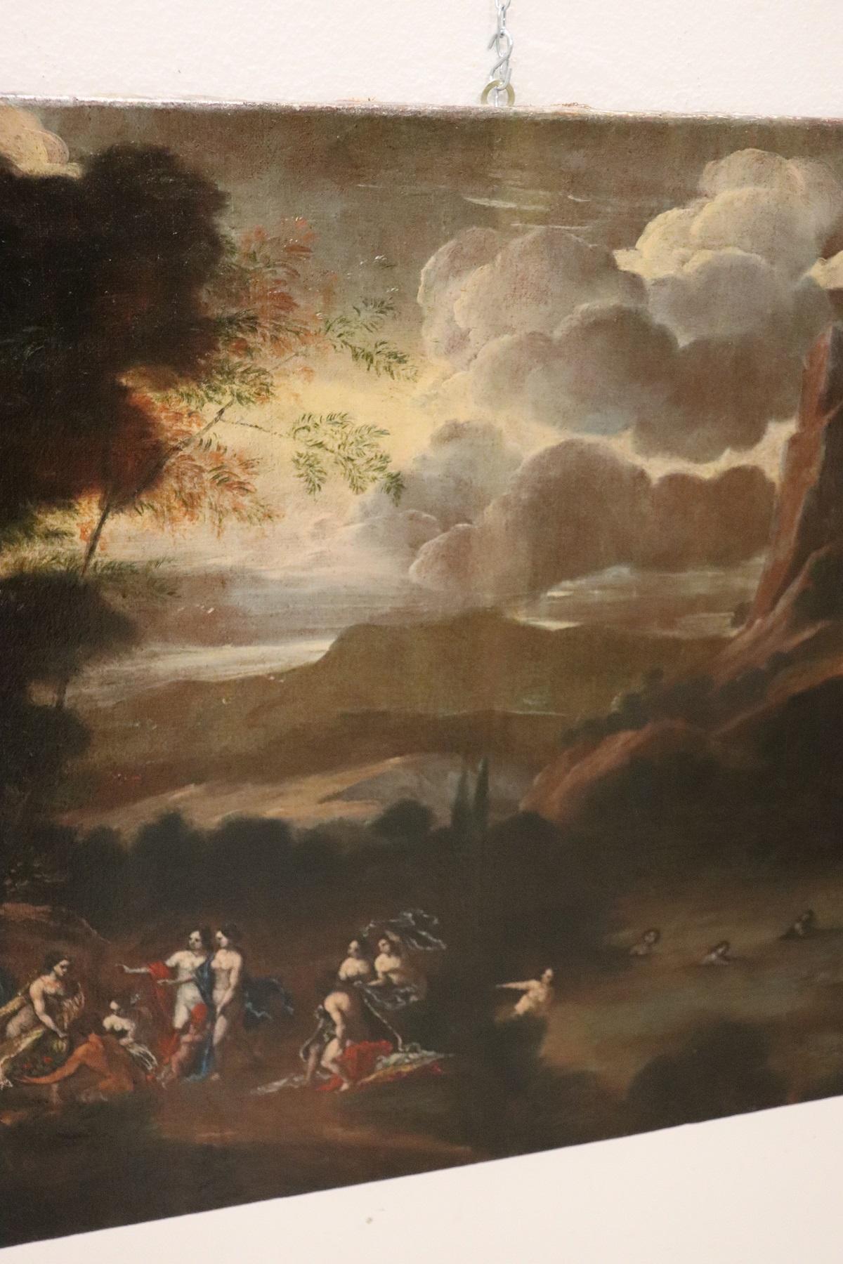 Peinture à l'huile sur toile italienne du 17e siècle, paysage avec figures en vente 3