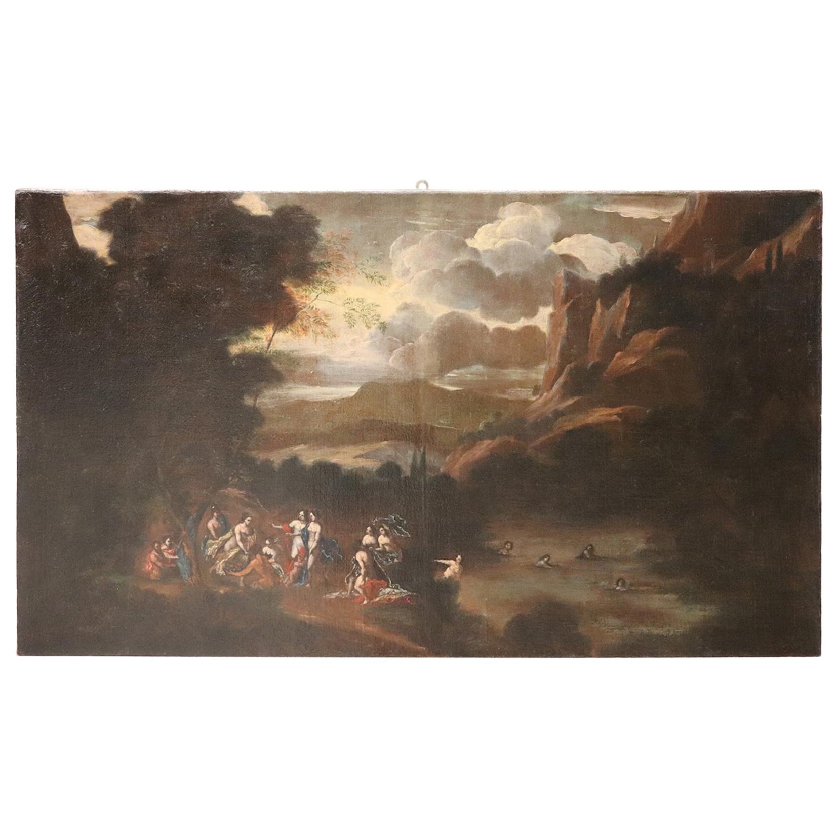 Peinture à l'huile sur toile italienne du 17e siècle, paysage avec figures