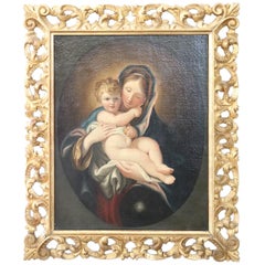 17th Century Italian Oil Painting on Canvas Madonna and Child with Gilded Frame