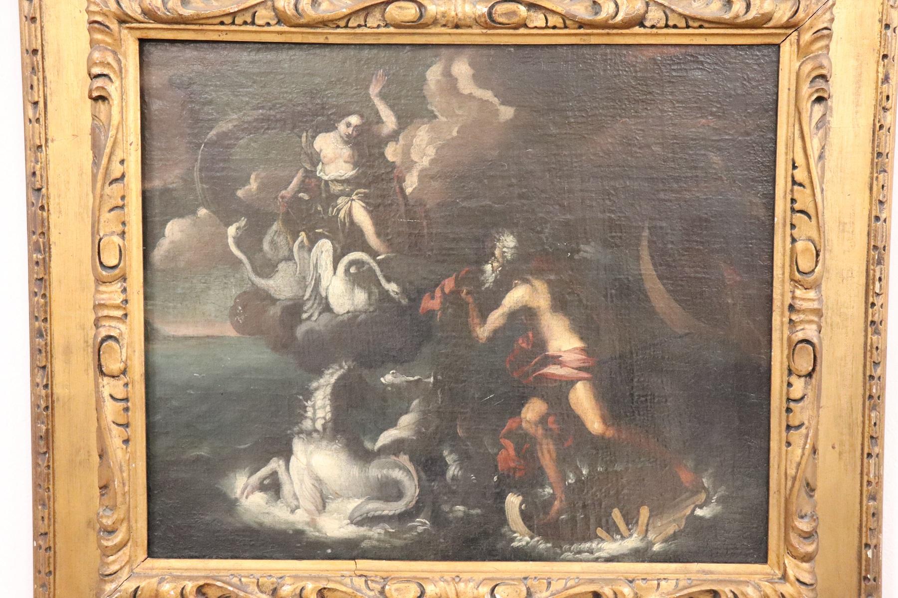 Importante peinture à l'huile ancienne sur toile de l'école bolonaise de la seconde moitié du XVIIe siècle. La scène est très complexe et animée. Le sujet est mythologique : Junon annonce l'arrivée des navires d'Enea à Neptune. Les histoires d'Énée