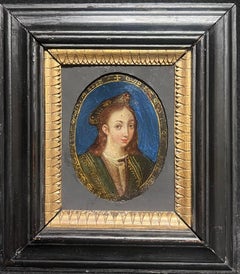 Beau portrait ovale de maître italien du 17ème siècle représentant une femme sur bois de cuivre Frm