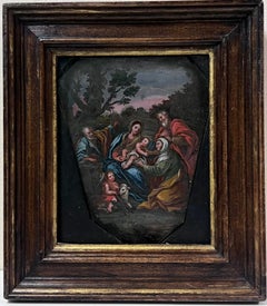 The Holy Family with St. John Very Early Oil on Shaped Copper Panel 17th Century