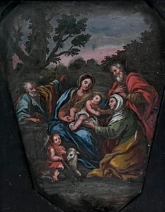 The Holy Family with St. John Very Early Oil on Shaped Copper Panel 17th Century