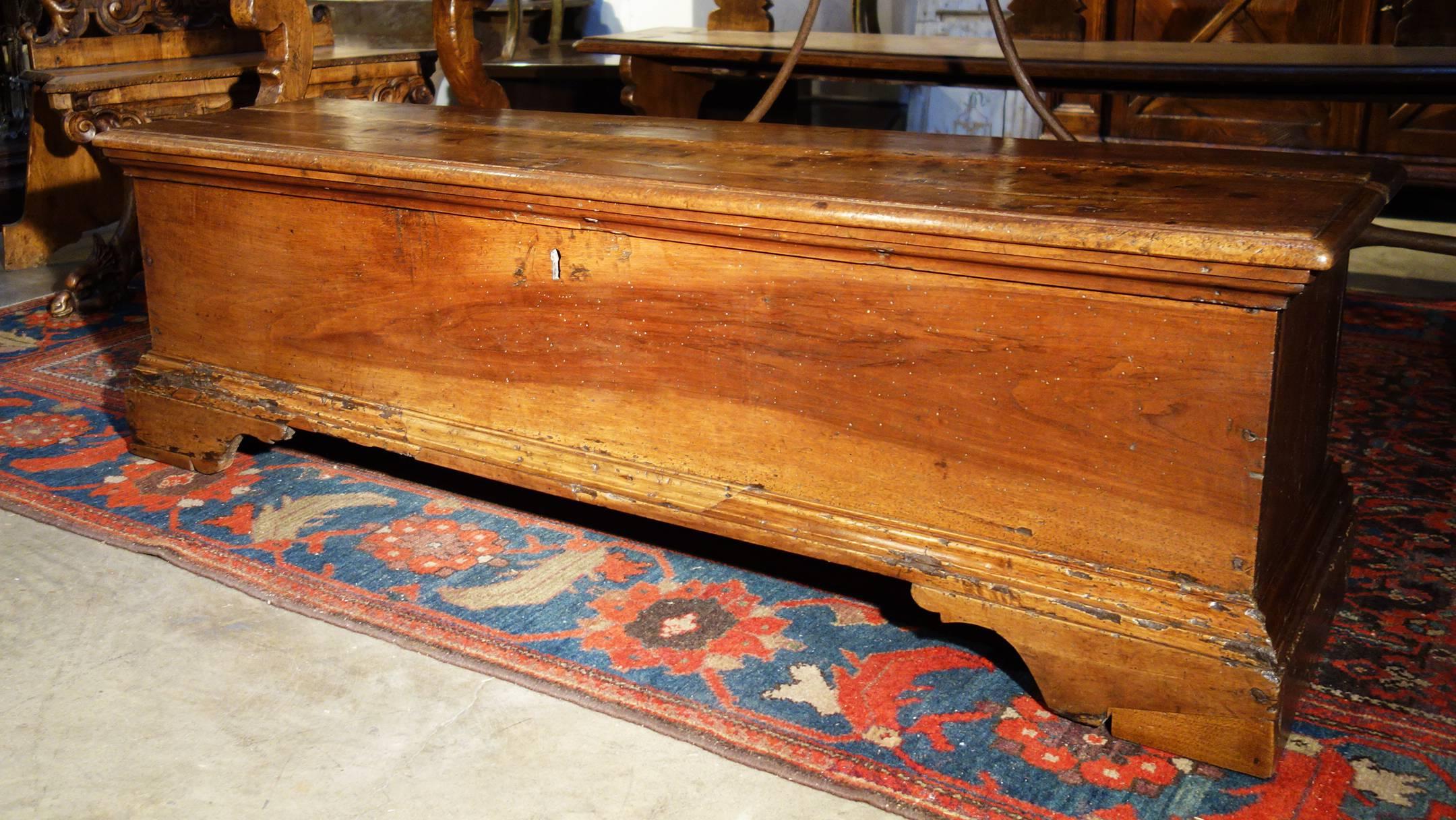 Hand-Crafted 17th Century Italian Old Walnut Tuscan Rustic Primitive Trunk Chest Circa 1690