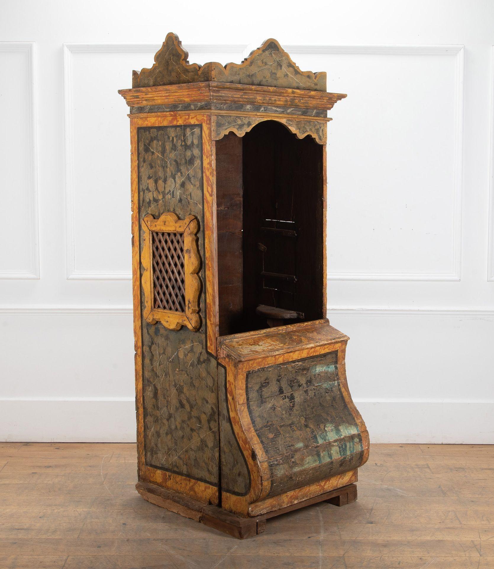 Stunning 17th Century Italian painted confessional box.
From a private house Tuscan chapel, this wonderful piece is museum quality.
The faux painting is all original.
There is a seat inside, a grill for the priest, a door allowing access and a