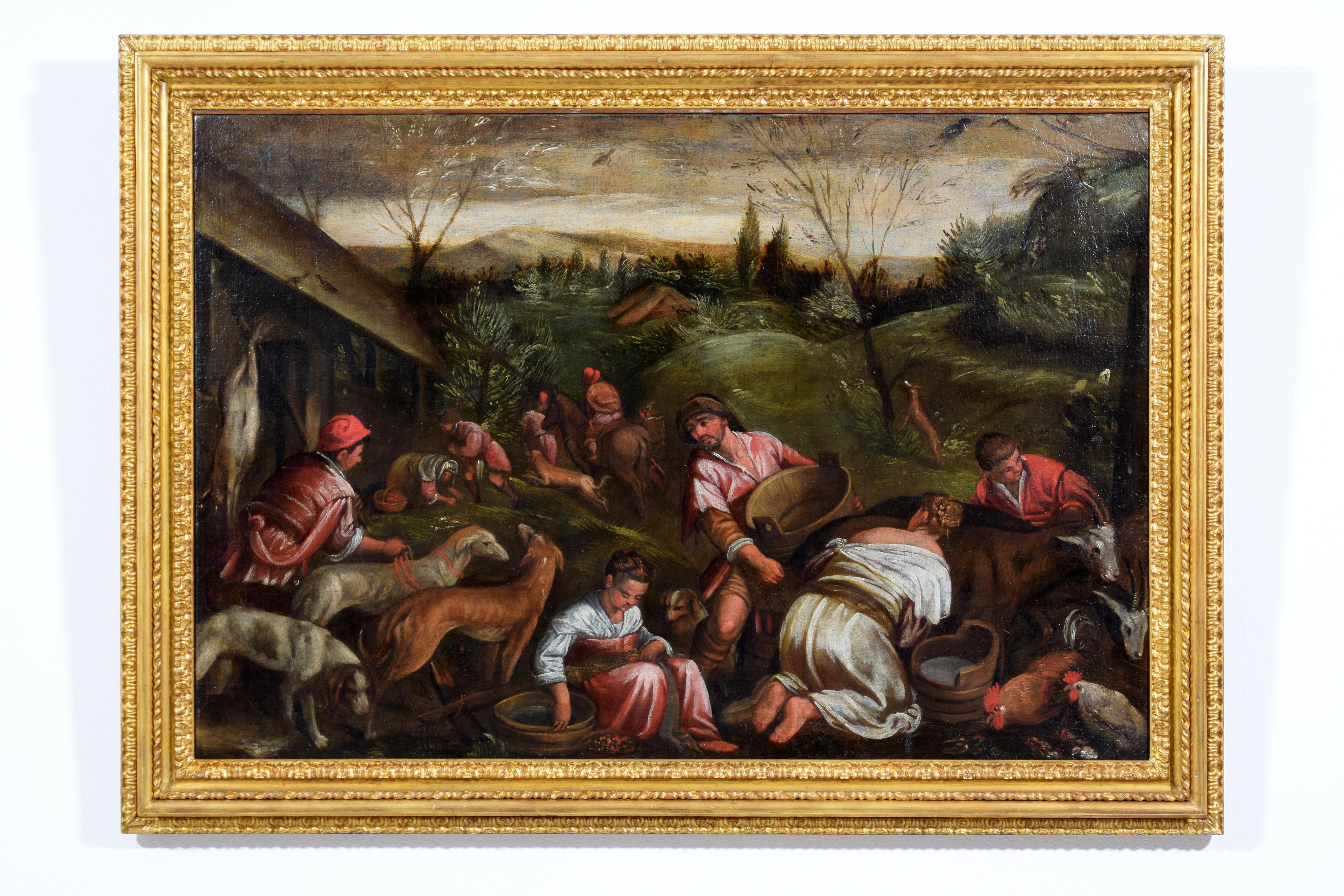 Suiveur de Jacopo Da Ponte, dit Jacopo Bassano (Bassano del Grappa, vers 1510 - Bassano del Grappa, 13 février 1592), XVIIe siècle.
Allégorie du printemps
Dimensions : Avec cadre : cm L 122,5 x H 89 x P 6,5. Toile : cm L 106,5 x H 72

Le tableau,