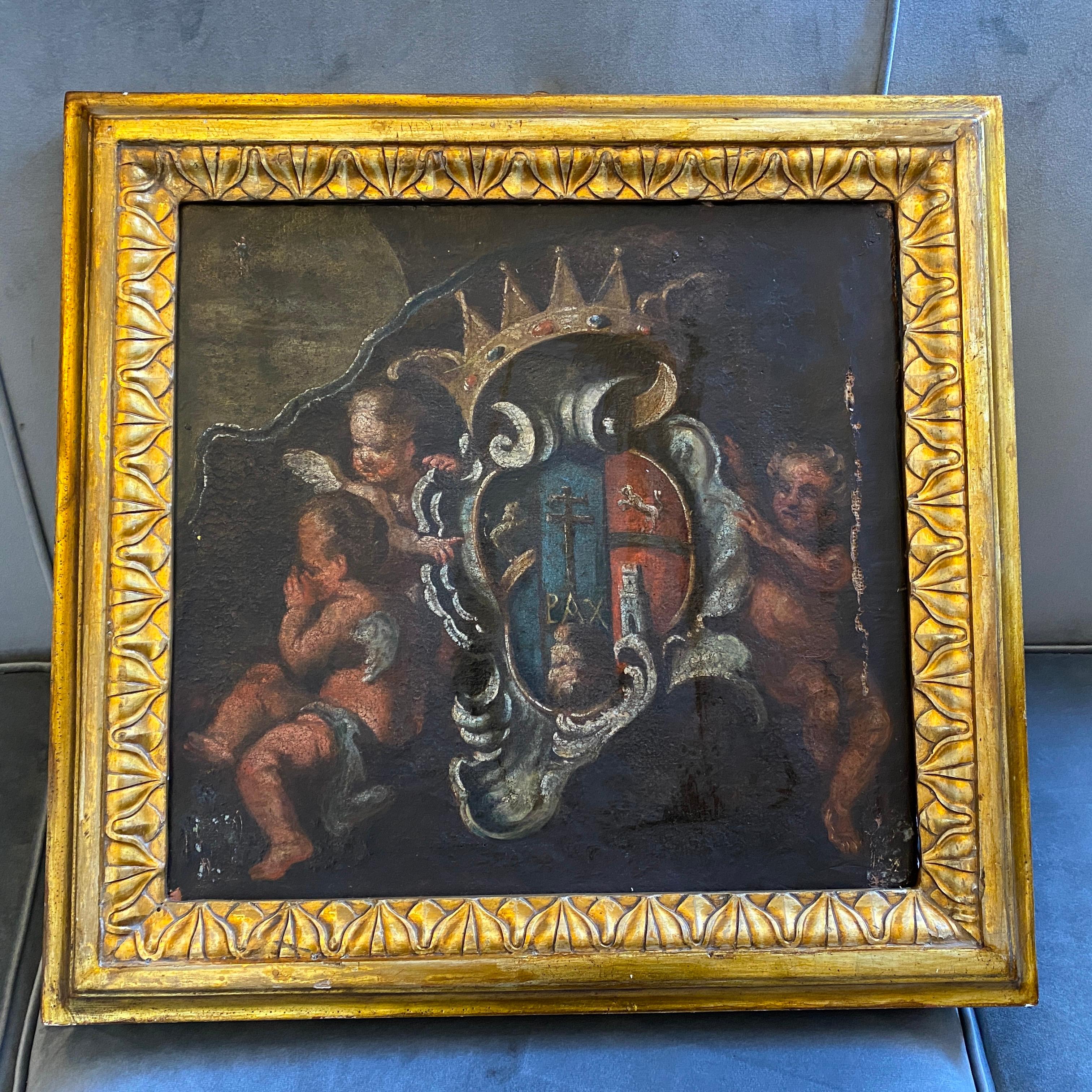 Baroque 17th Century Italian Painting Fragment of Angels with a Noble Coat of Arms