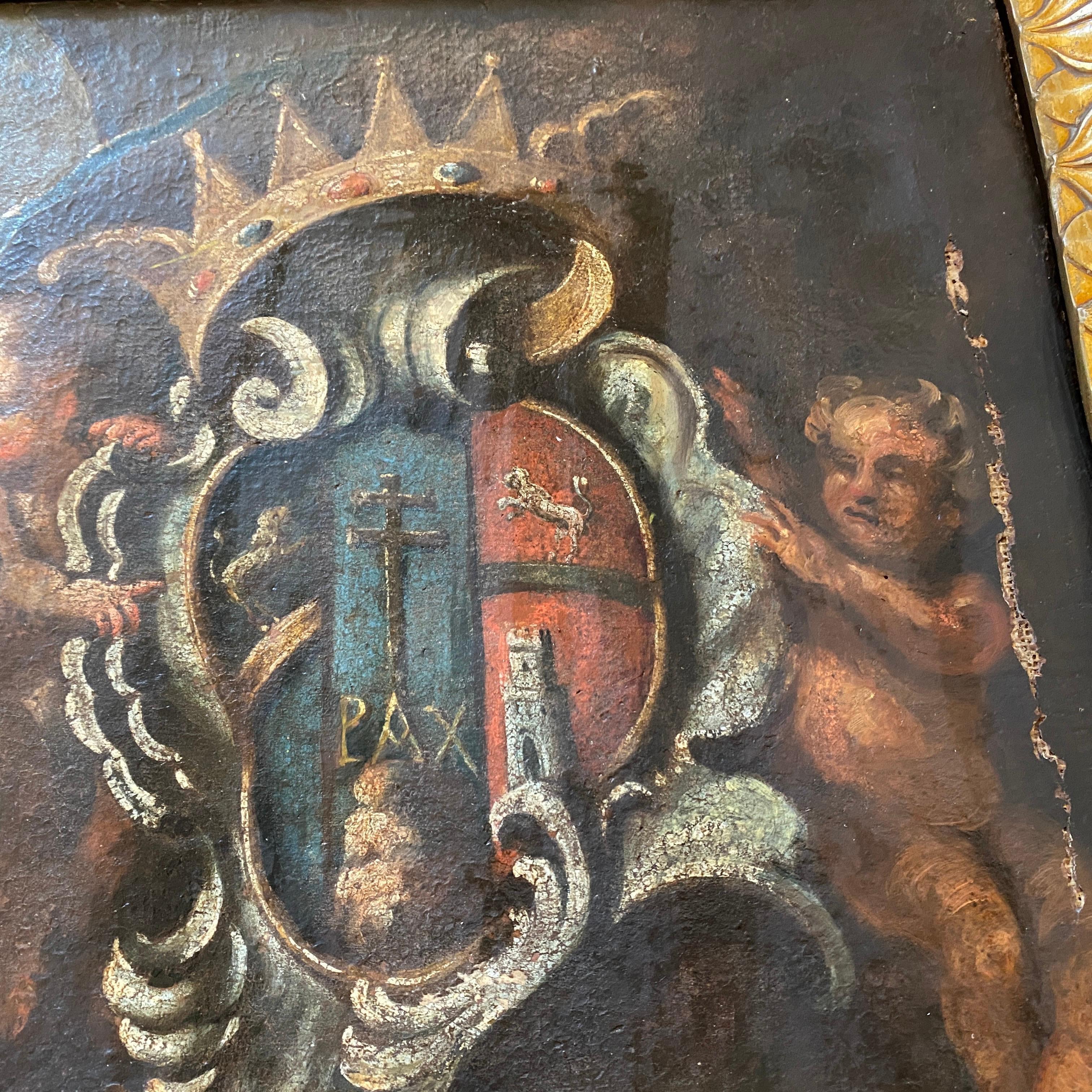 Hand-Painted 17th Century Italian Painting Fragment of Angels with a Noble Coat of Arms