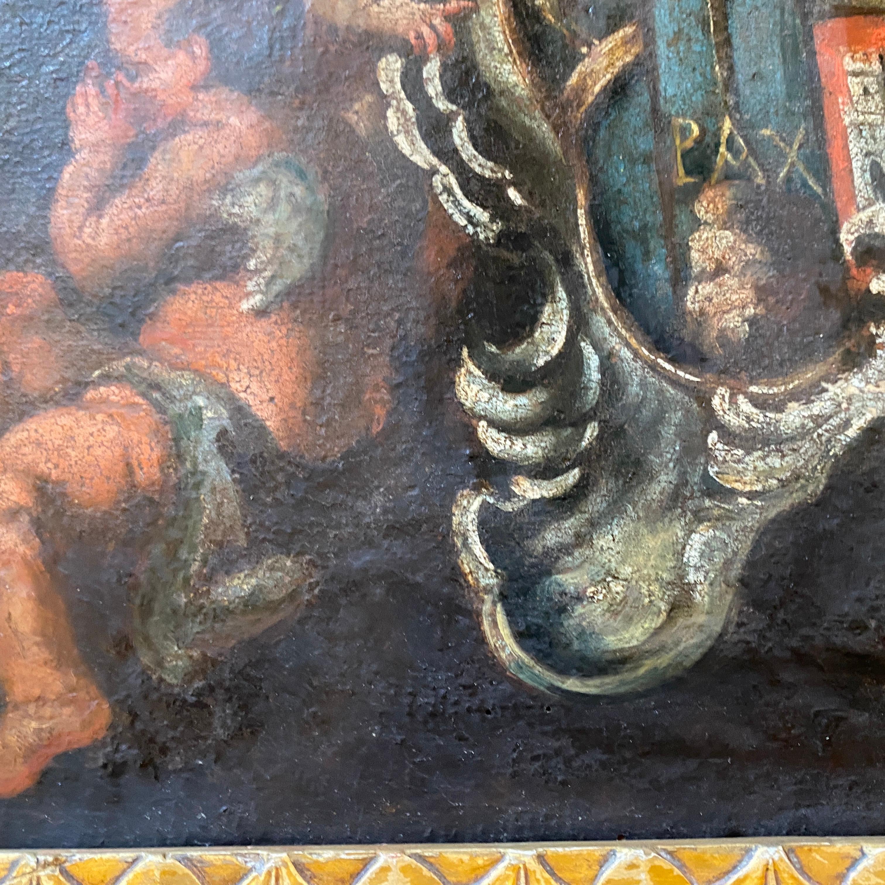 17th Century Italian Painting Fragment of Angels with a Noble Coat of Arms In Good Condition In Aci Castello, IT