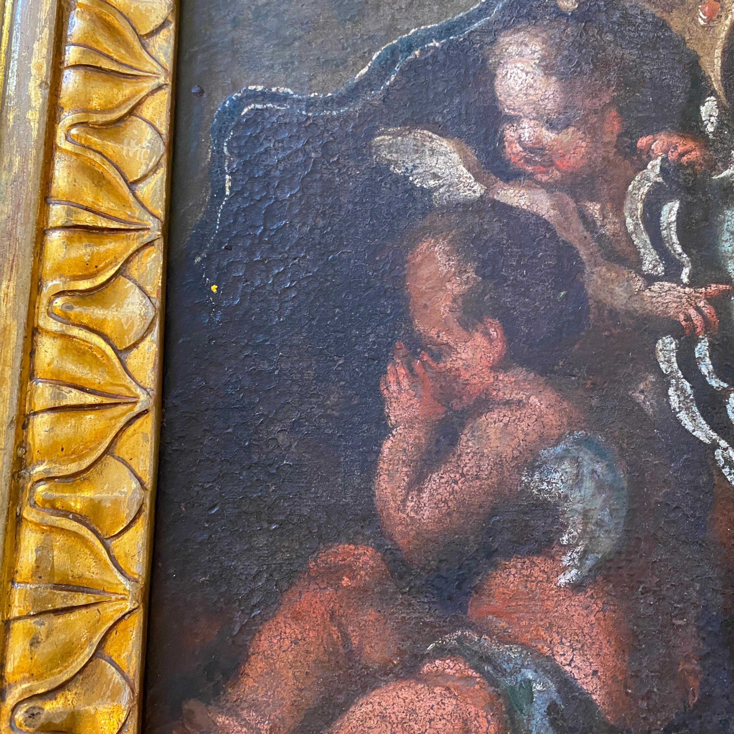 Canvas 17th Century Italian Painting Fragment of Angels with a Noble Coat of Arms