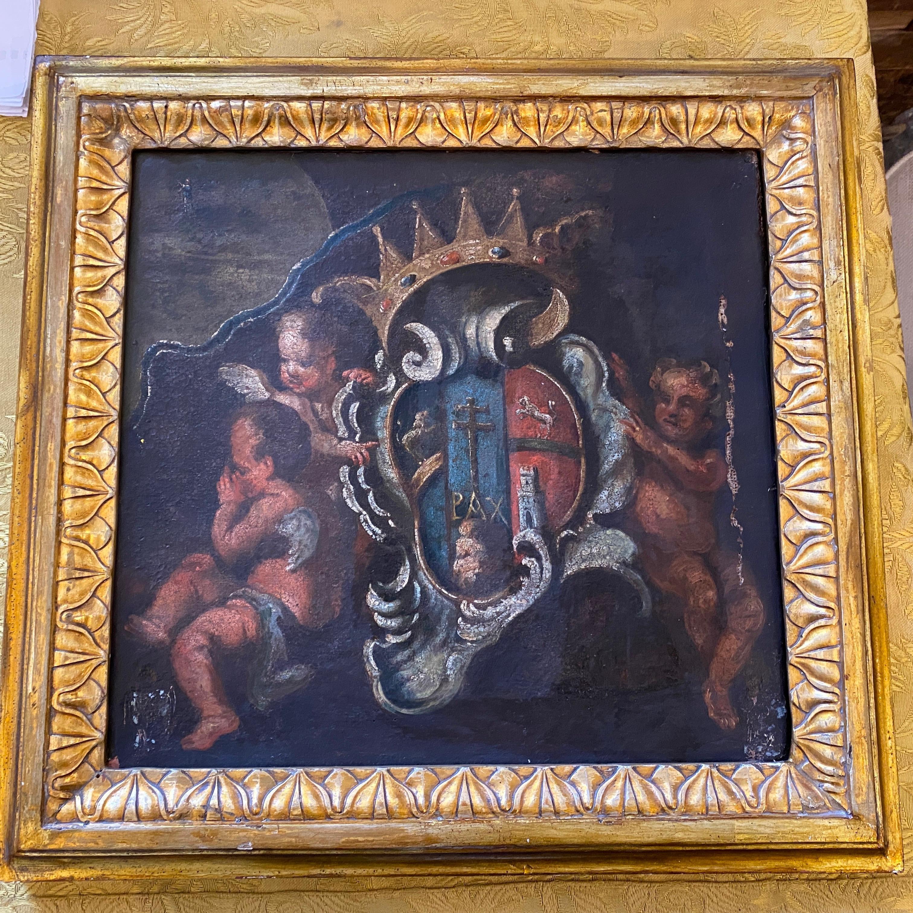 17th Century Italian Painting Fragment of Angels with a Noble Coat of Arms 2