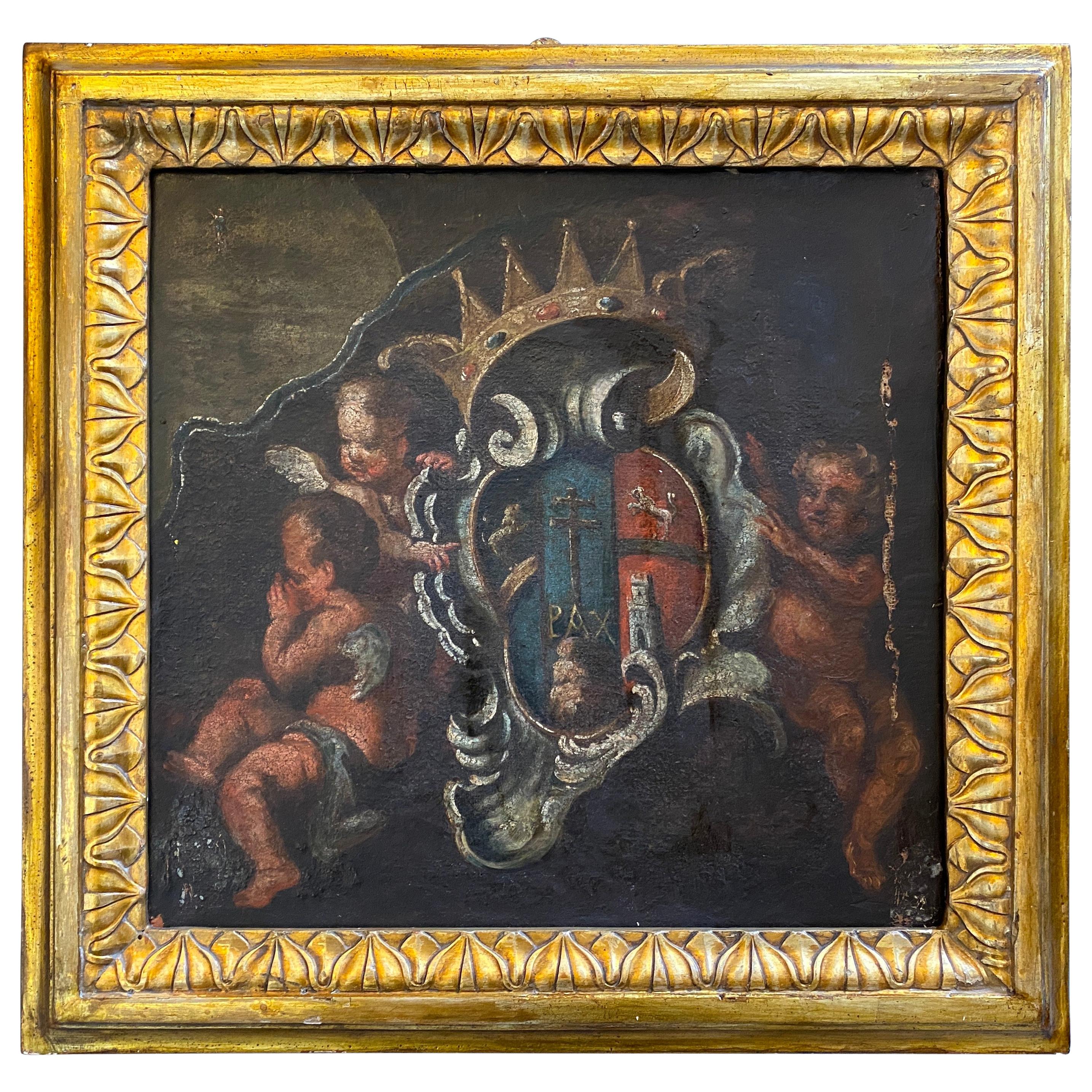 17th Century Italian Painting Fragment of Angels with a Noble Coat of Arms
