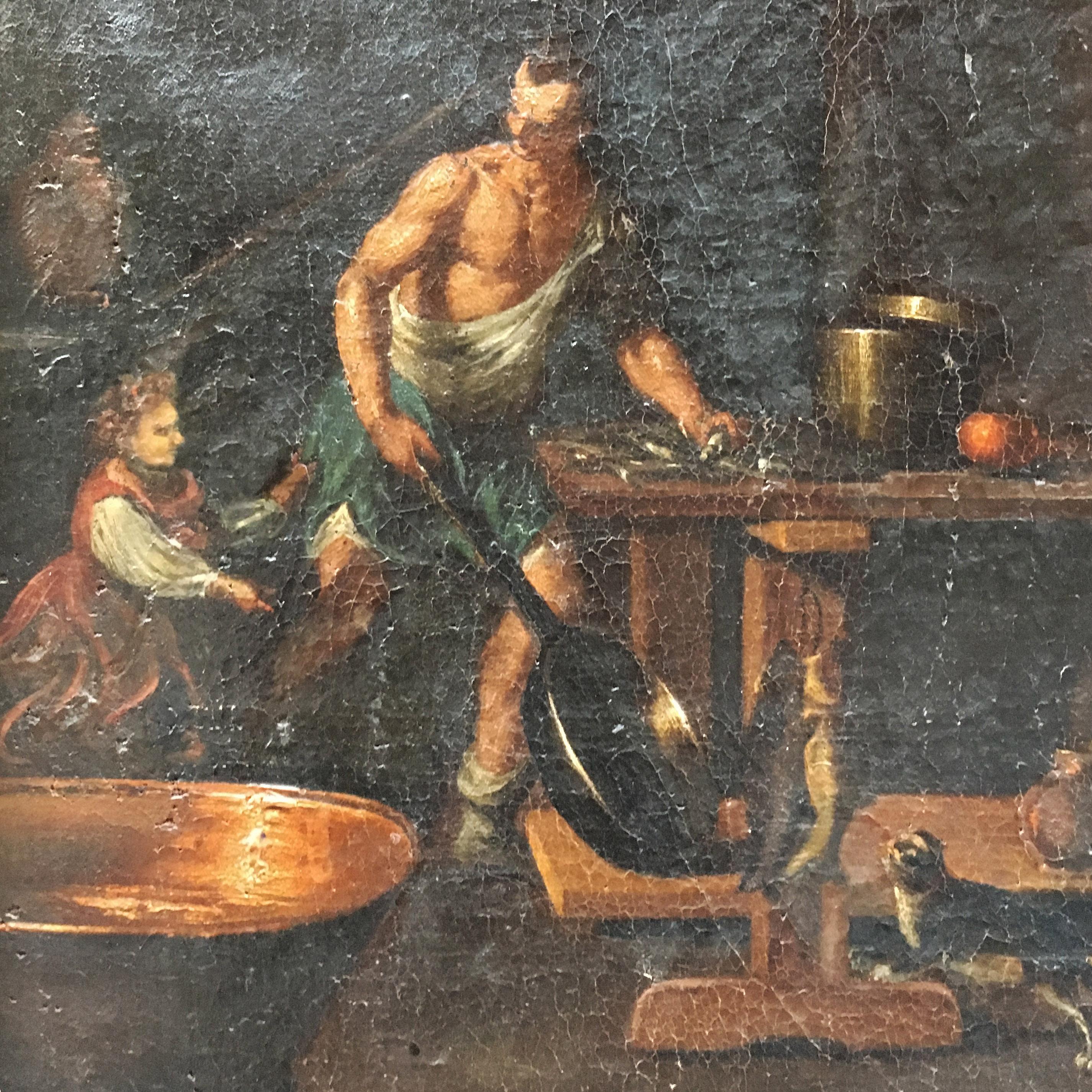Gilt 17th Century Italian Painting of a Kitchen Attributed to Gian Domenico Valentino For Sale