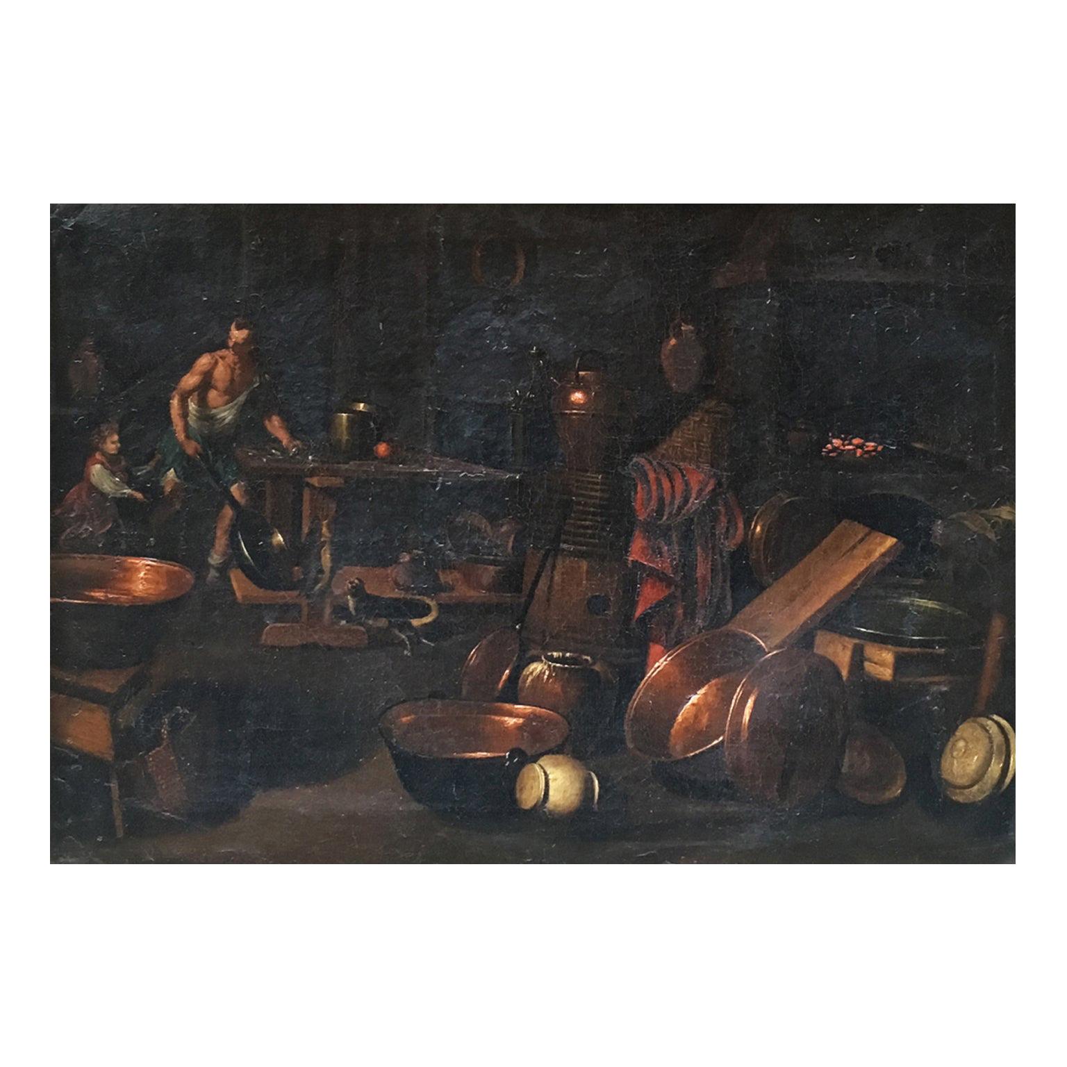 17th Century Italian Painting of a Kitchen Attributed to Gian Domenico Valentino For Sale
