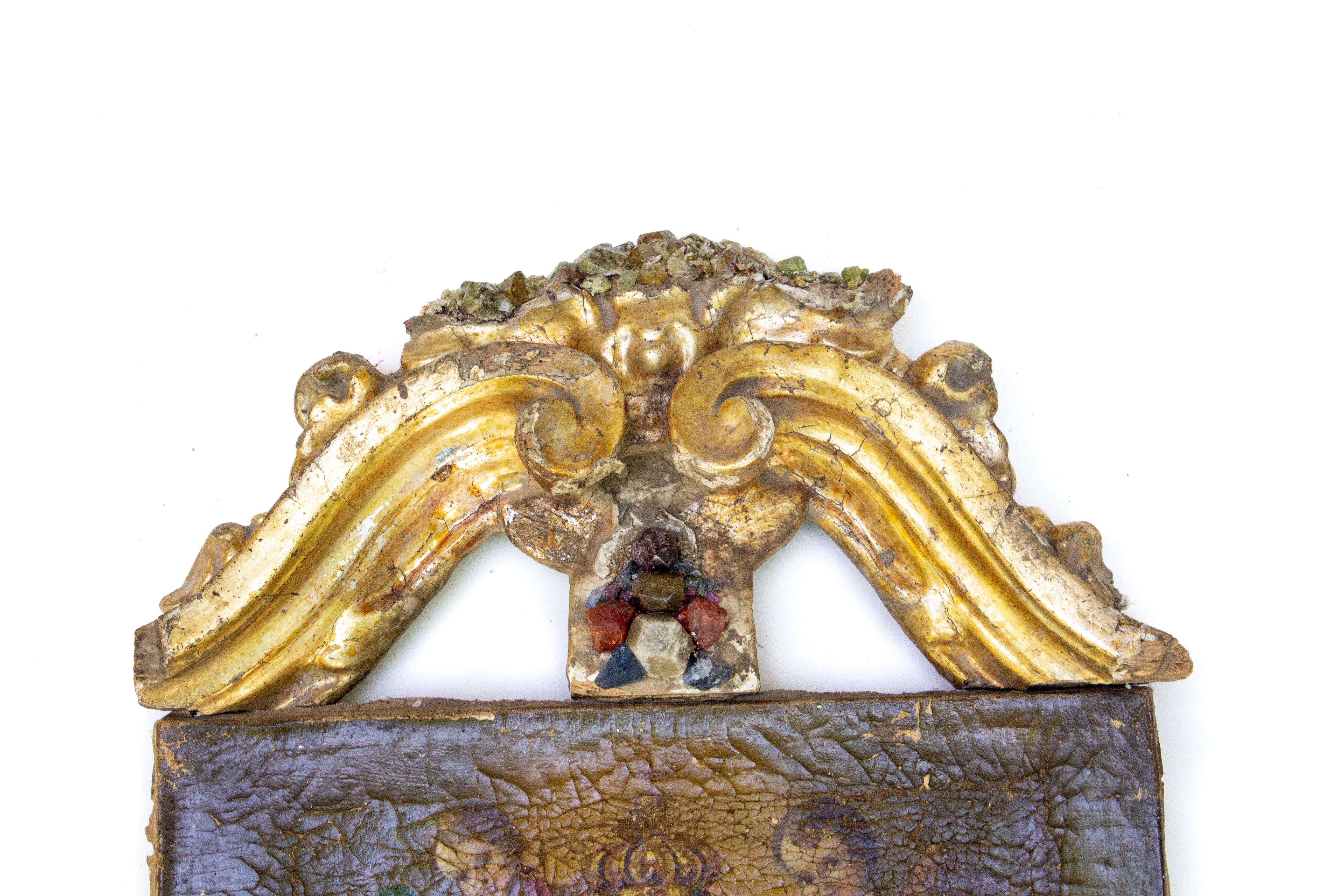 Gilt 17th Century Italian Painting of Mary and Jesus with a Gold Leaf Pediment & Gems For Sale