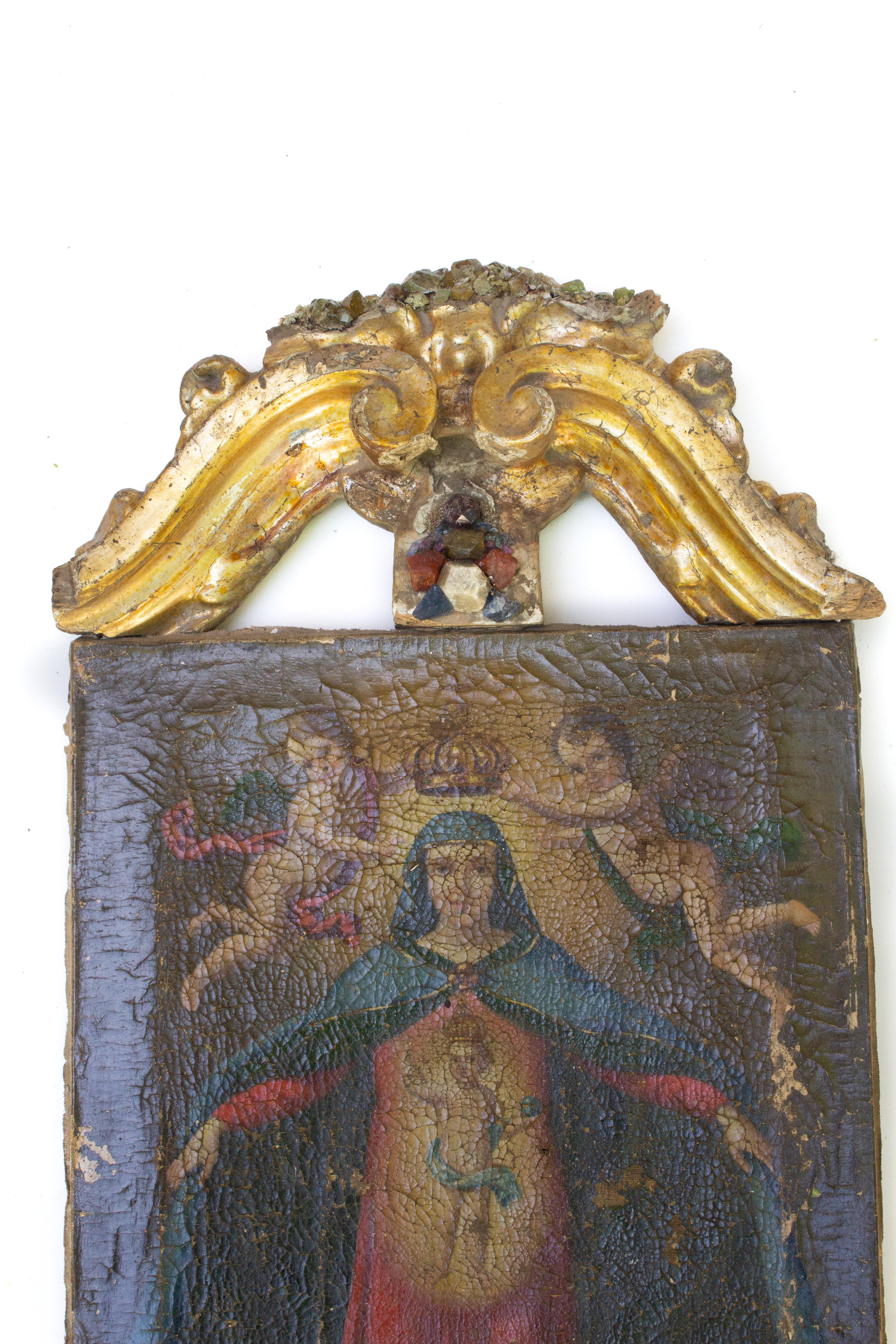 18th Century and Earlier 17th Century Italian Painting of Mary and Jesus with a Gold Leaf Pediment & Gems For Sale