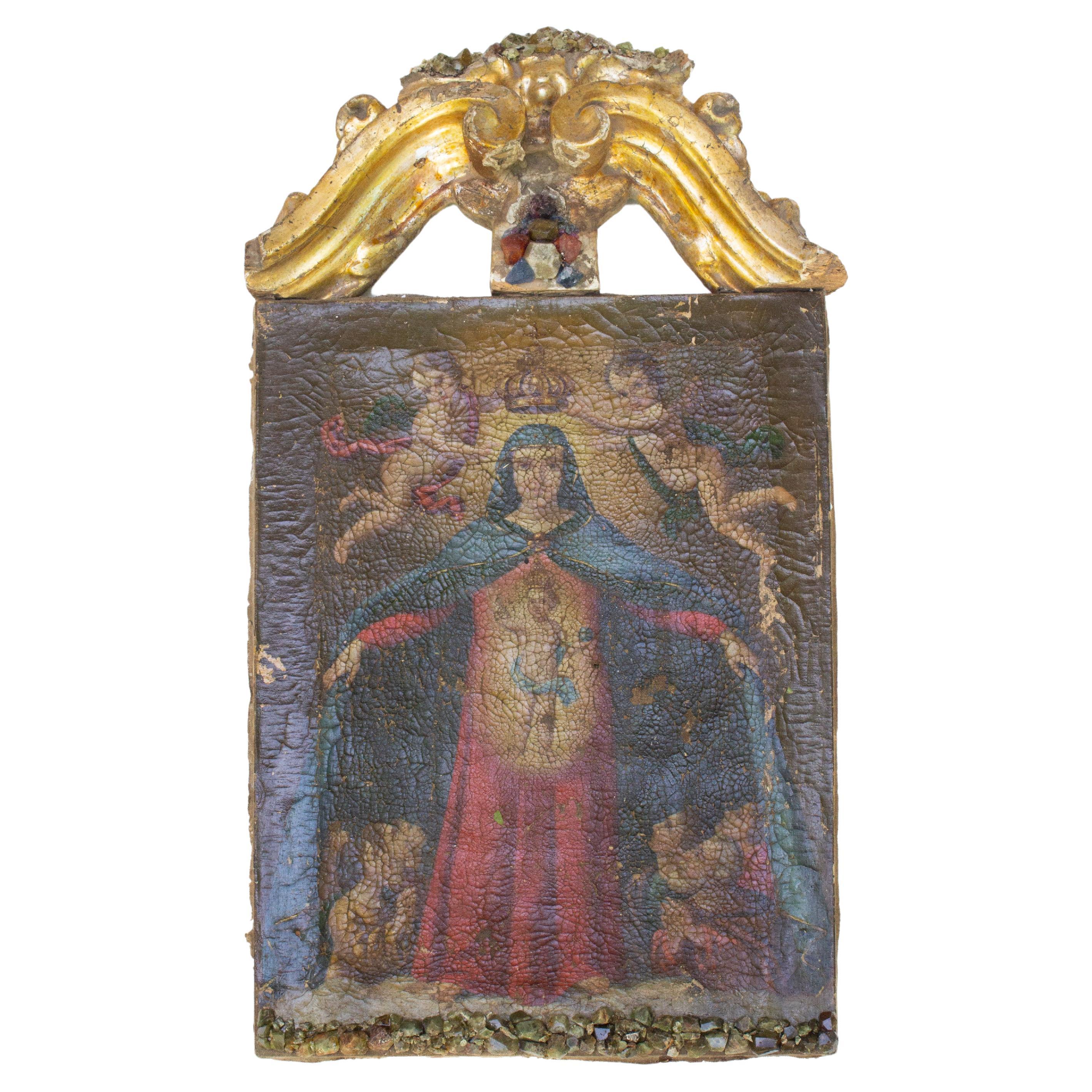 Peinture italienne du 17ème siècle représentant Marie et Jésus sur un fronton en feuilles d'or et pierres précieuses