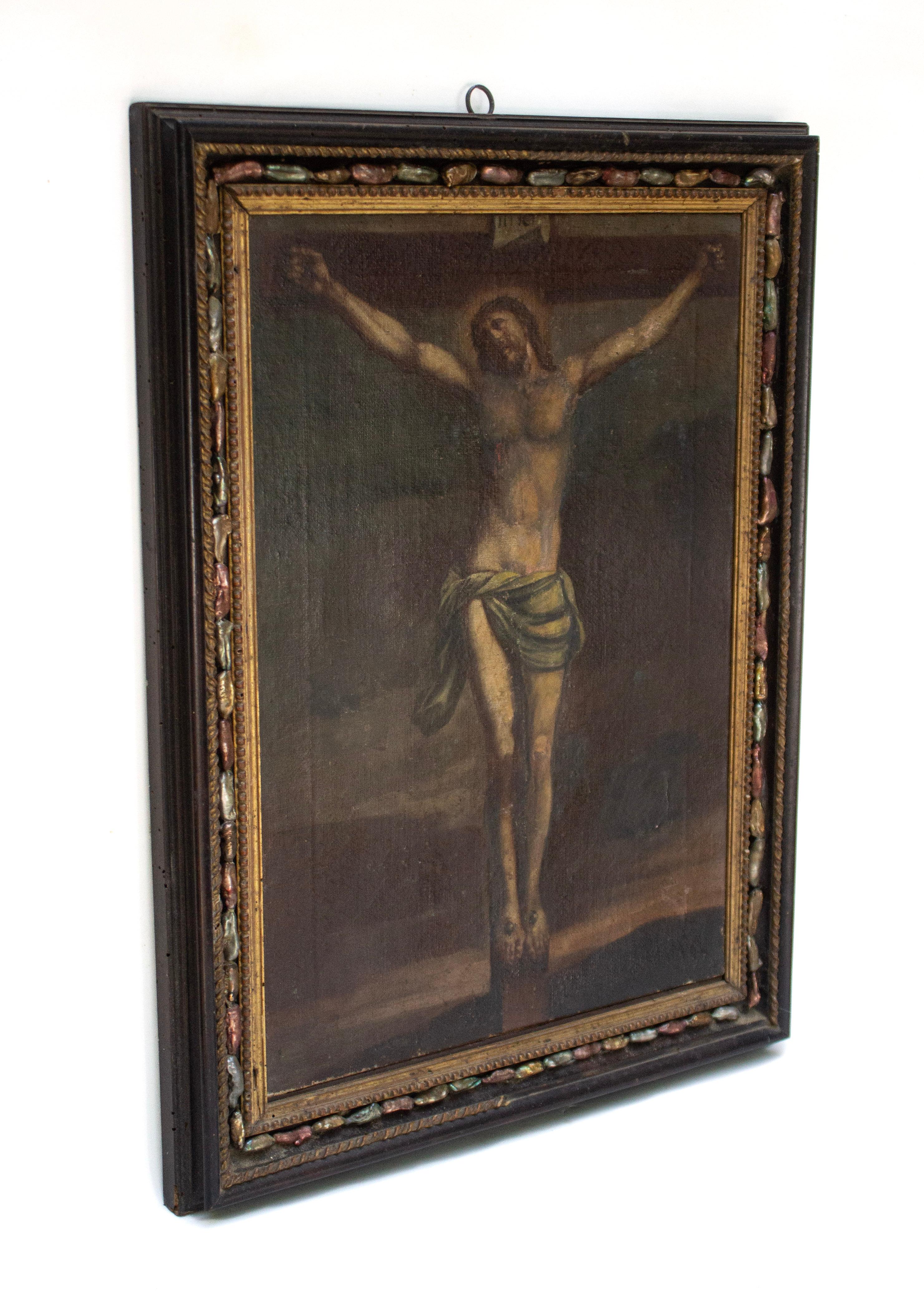 Peint à la main Peinture italienne du 17e siècle représentant la crucifixion du Christ dans son cadre d'origine en vente