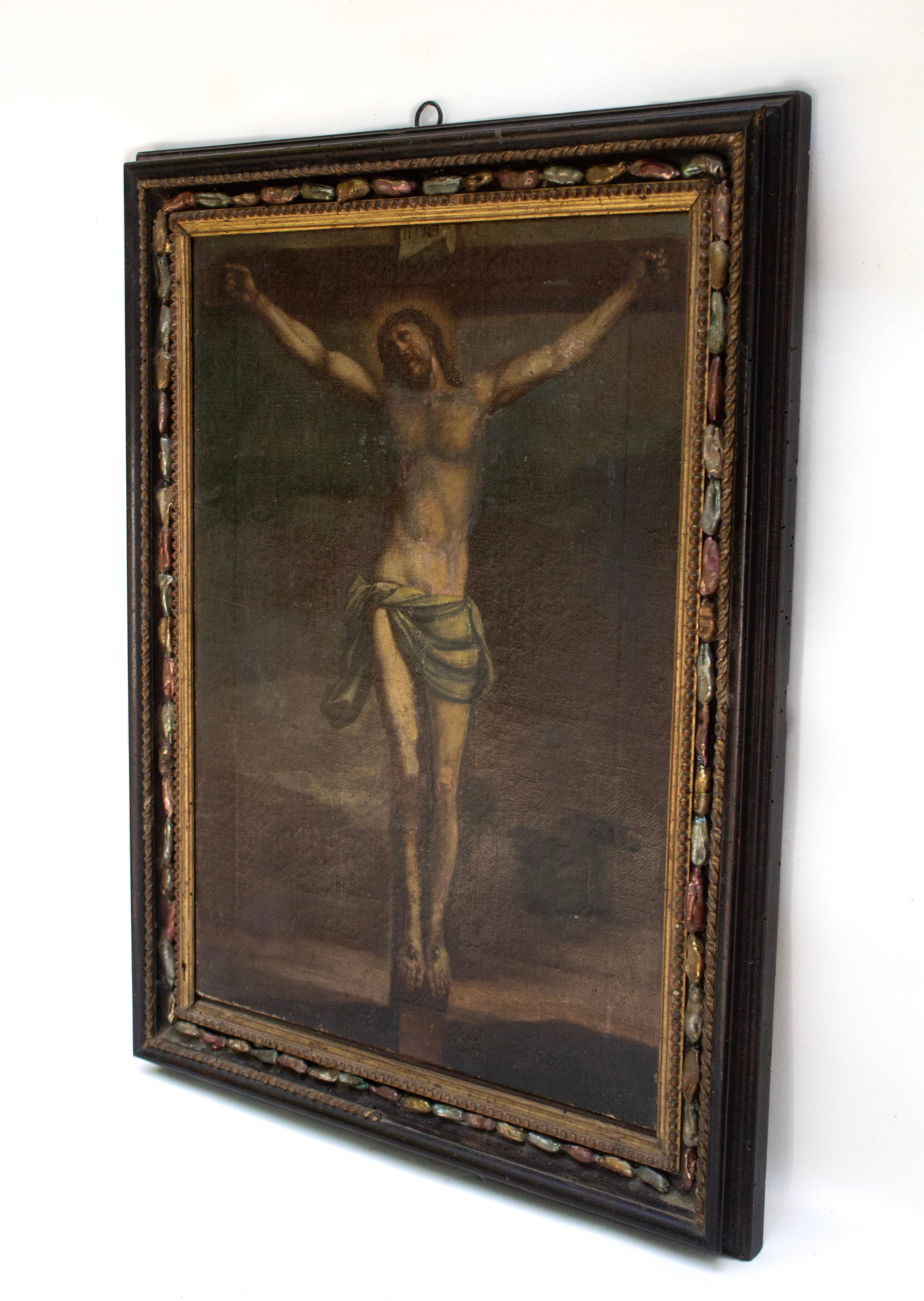 Peinture italienne du 17e siècle représentant la crucifixion du Christ dans son cadre d'origine Bon état - En vente à Dublin, Dalkey