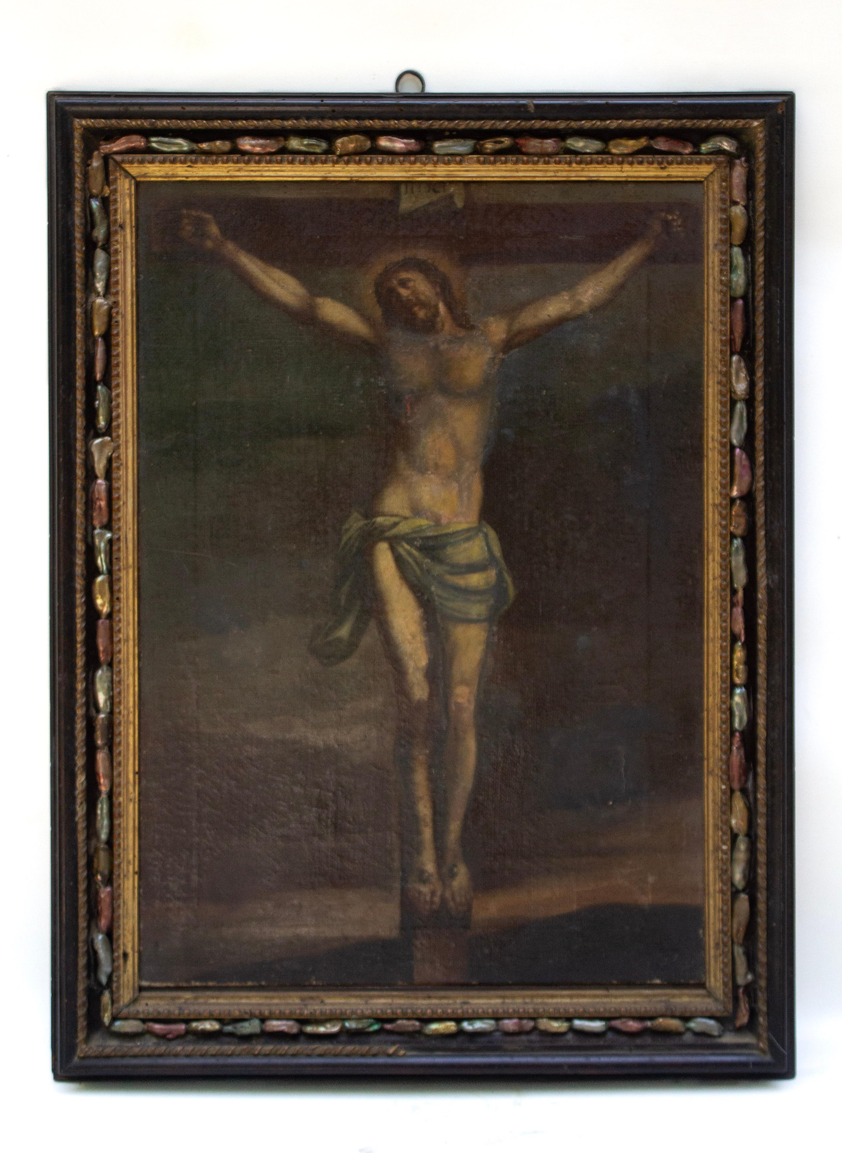 XVIIIe siècle et antérieur Peinture italienne du 17e siècle représentant la crucifixion du Christ dans son cadre d'origine en vente