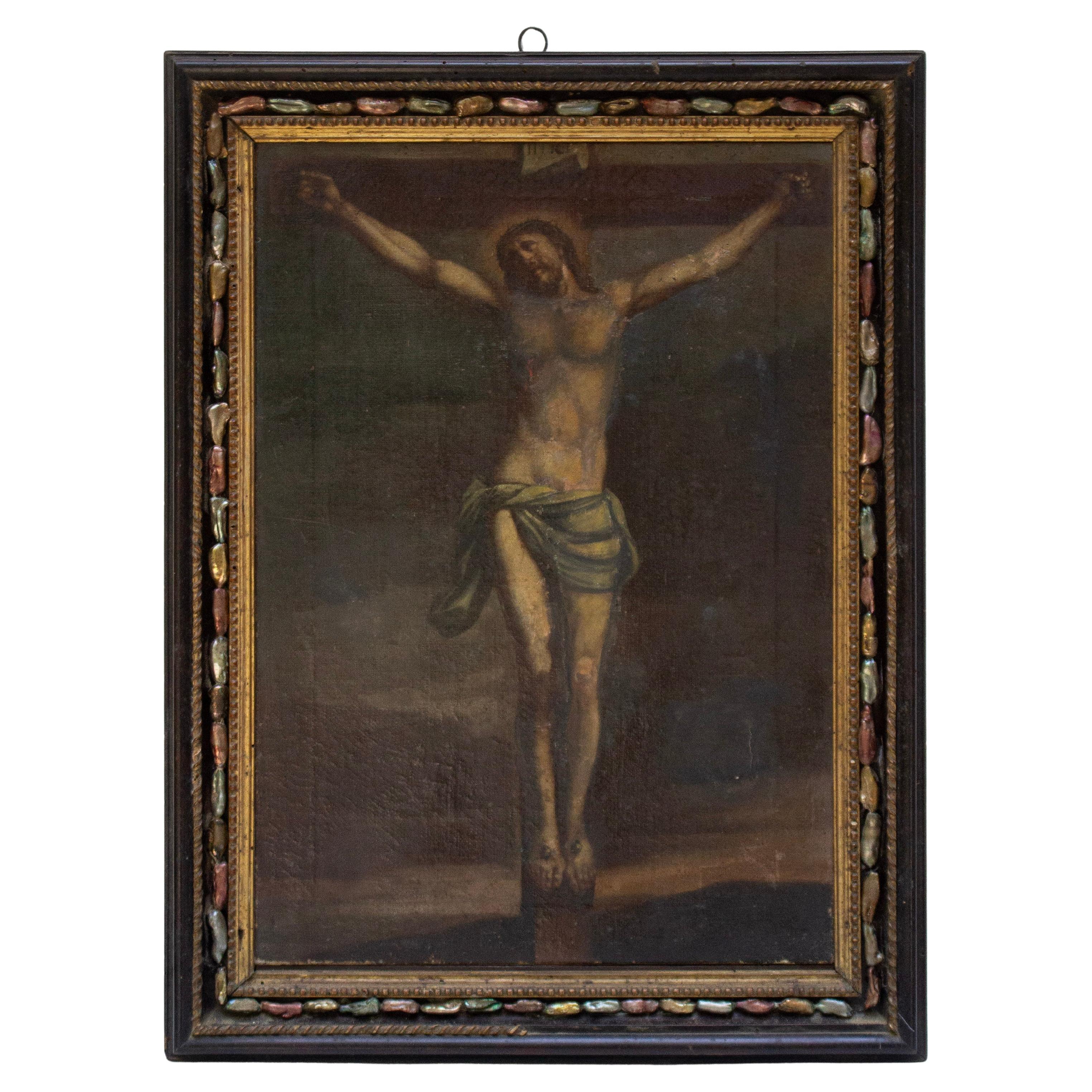 Peinture italienne du 17e siècle représentant la crucifixion du Christ dans son cadre d'origine en vente