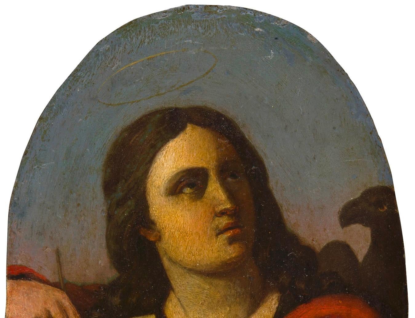 Important oil on copper painting attributed to the great Baroque artist of the Emilian area Flaminio Torri.
The iconography of this beautiful work, clearly illustrates to us that the subject portrayed is St. John the Evangelist whose hallmarks are