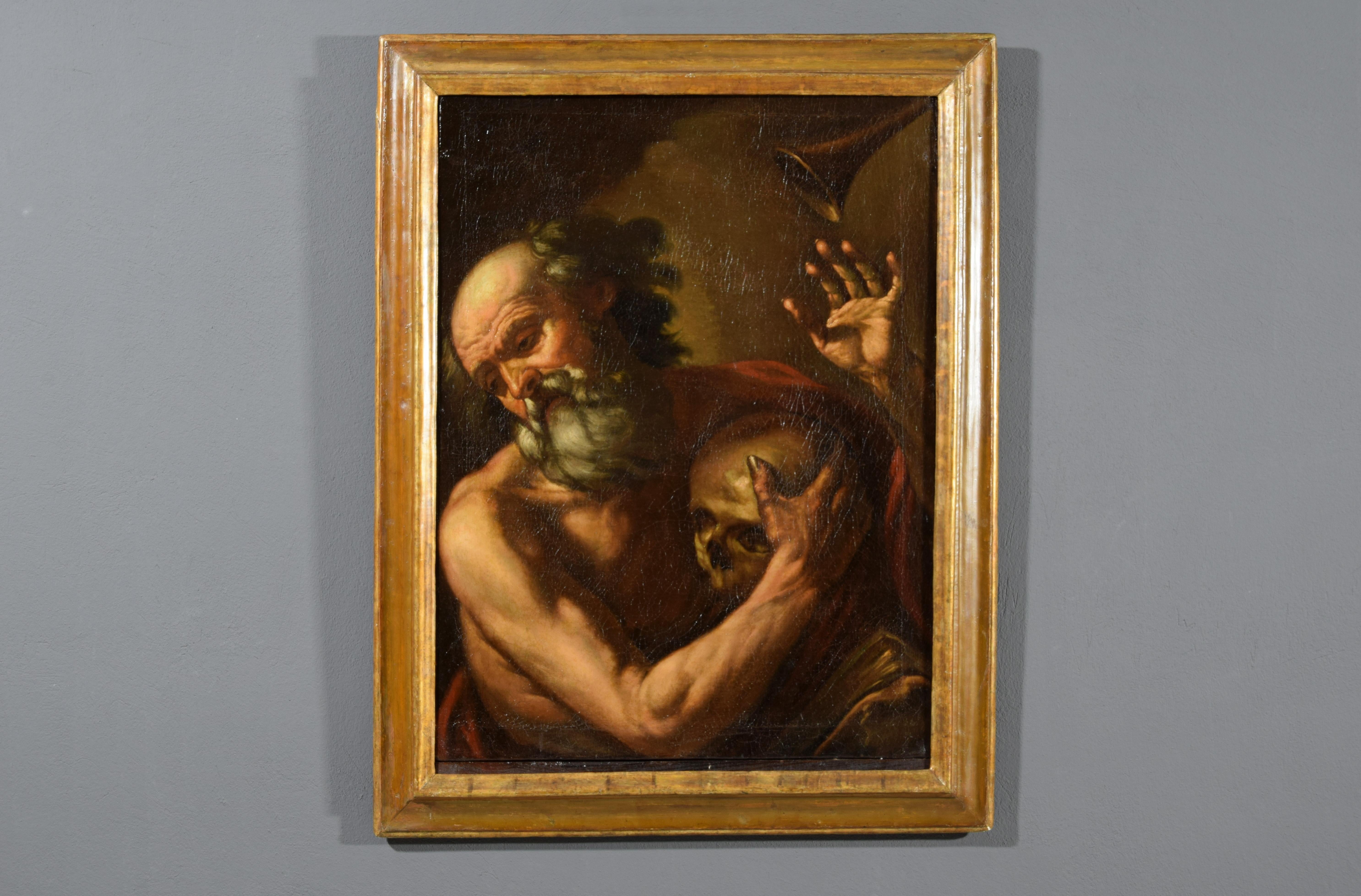 Saint Jerome Hears the Trumpet of Judgment, Neapolitan School, 17th Century
This exquisite oil-on-canvas painting depicts Saint Jerome hearing the trumpet of the angel of the Last Judgment. The traditional iconography of Saint Jerome is confirmed