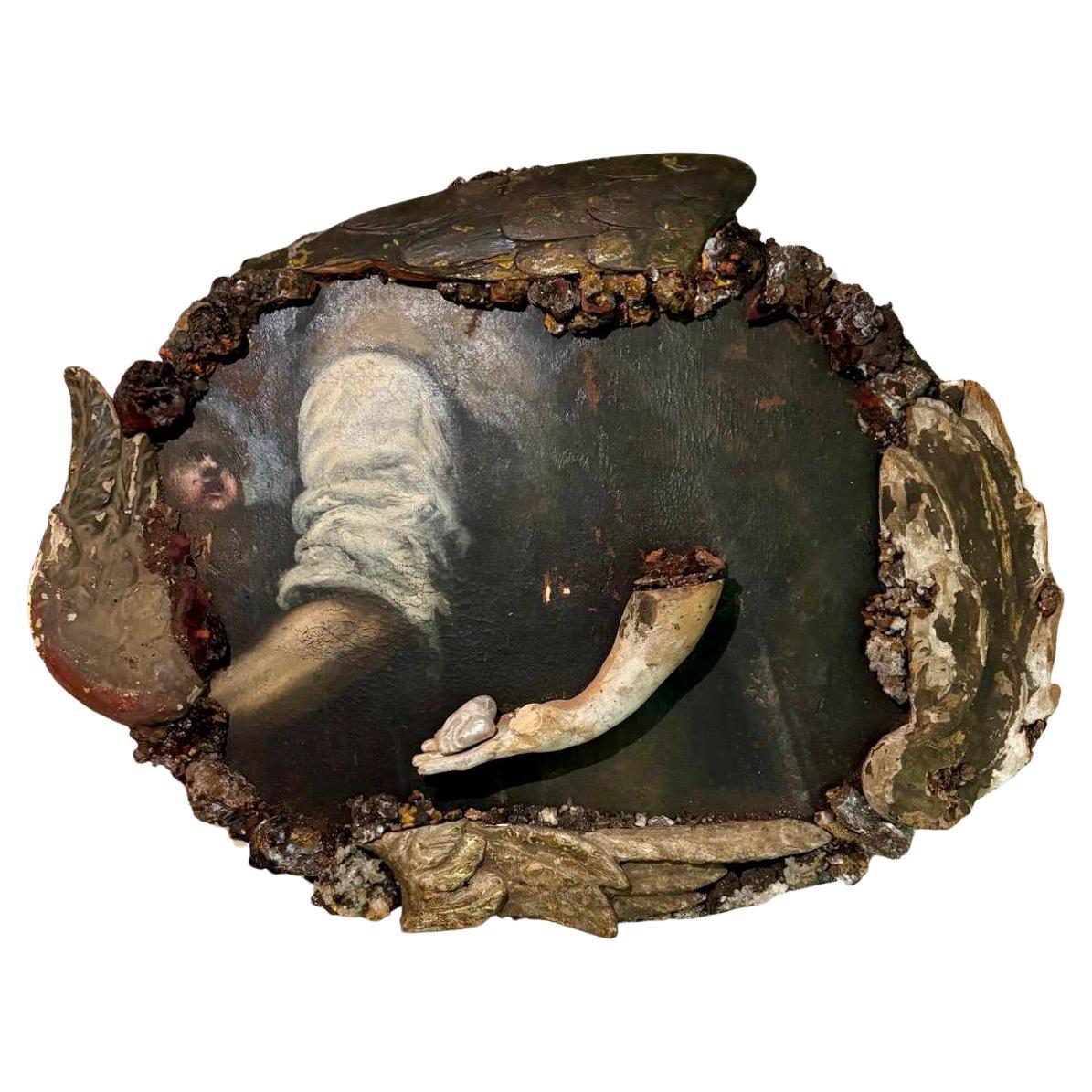 Quadro italiano del XVII secolo con cornice ad ala d'angelo e braccio del XVII secolo