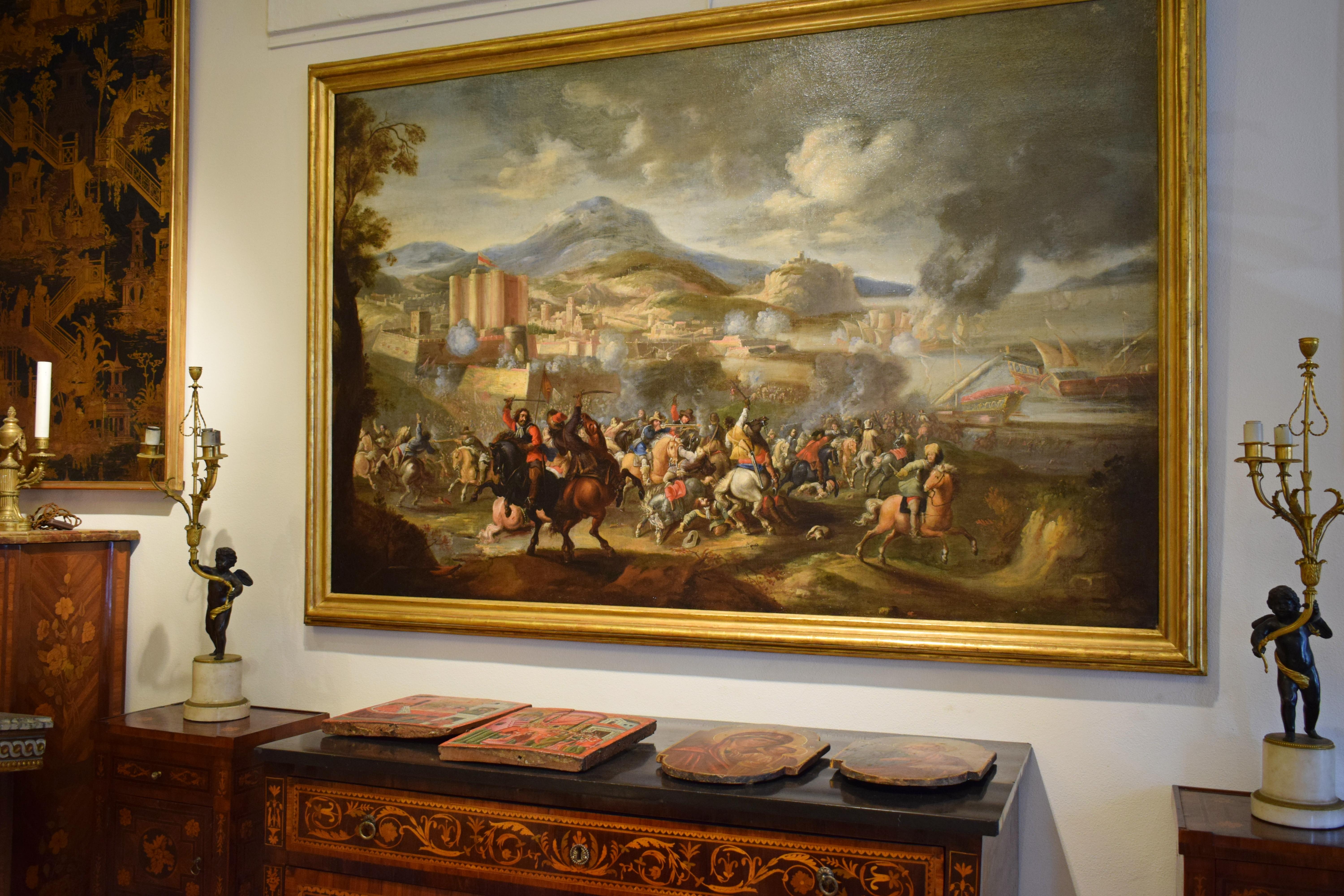 Baroque 17th Century, Italian Painting with Battle attributed to Marzio Masturzo For Sale
