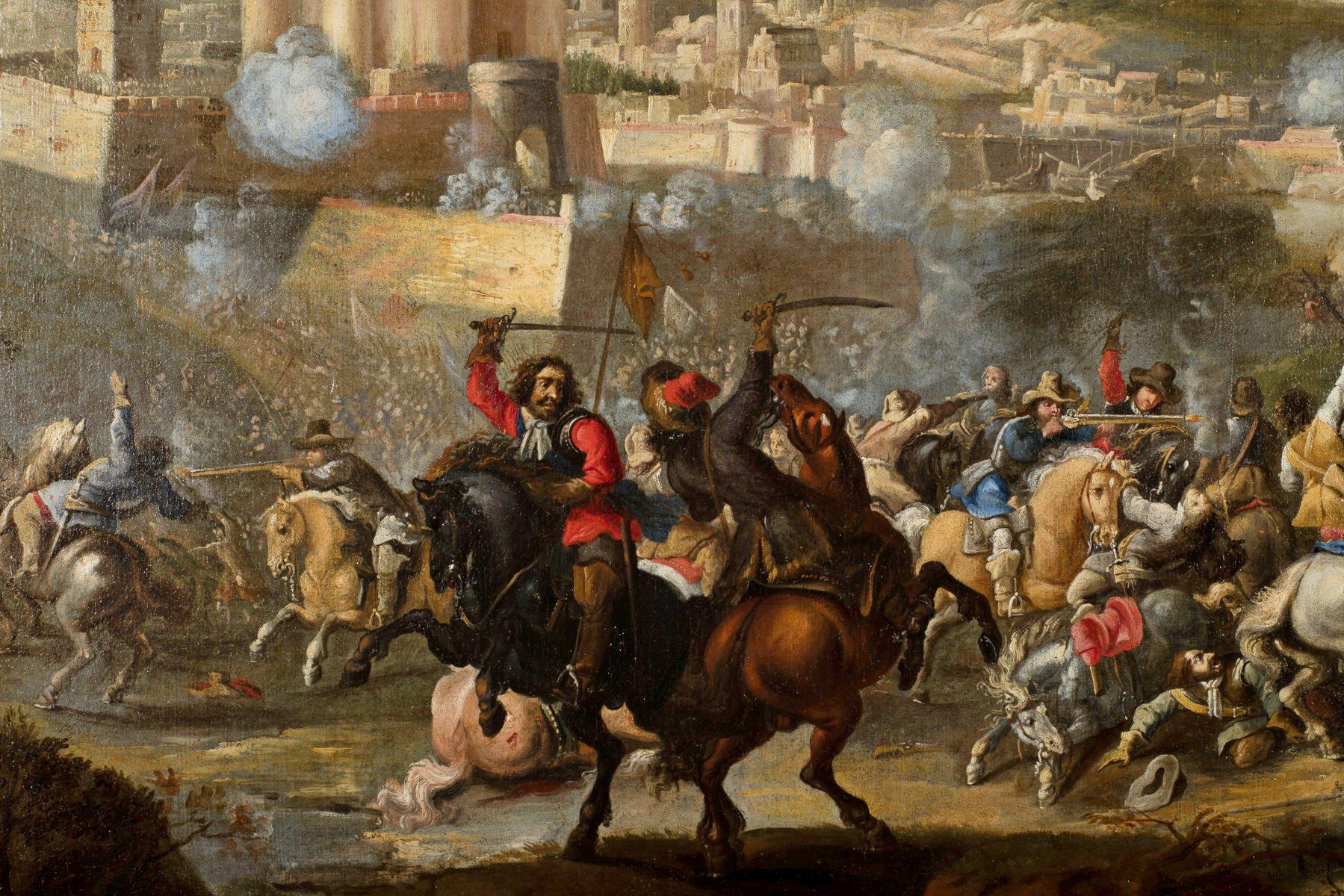 Hand-Painted 17th Century, Italian Painting with Battle attributed to Marzio Masturzo For Sale