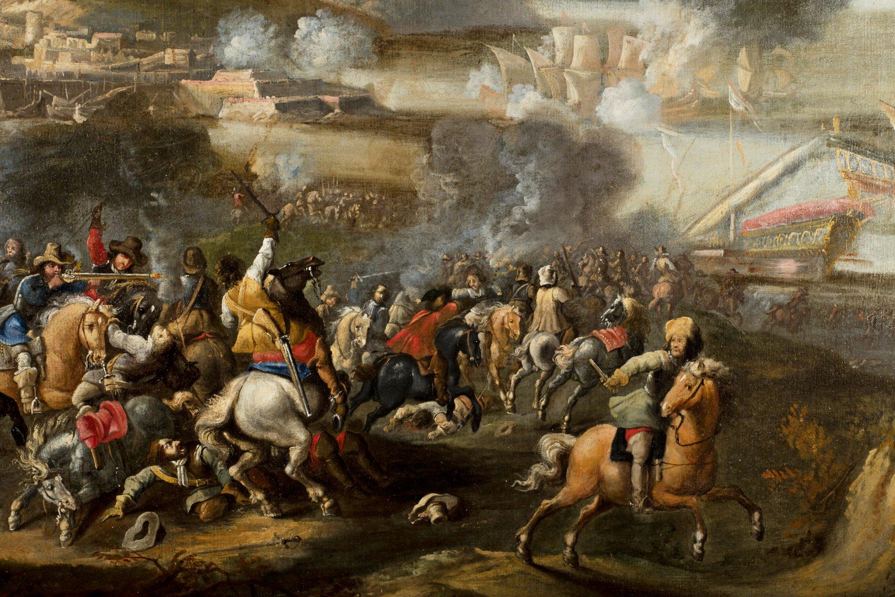 Canvas 17th Century, Italian Painting with Battle attributed to Marzio Masturzo For Sale