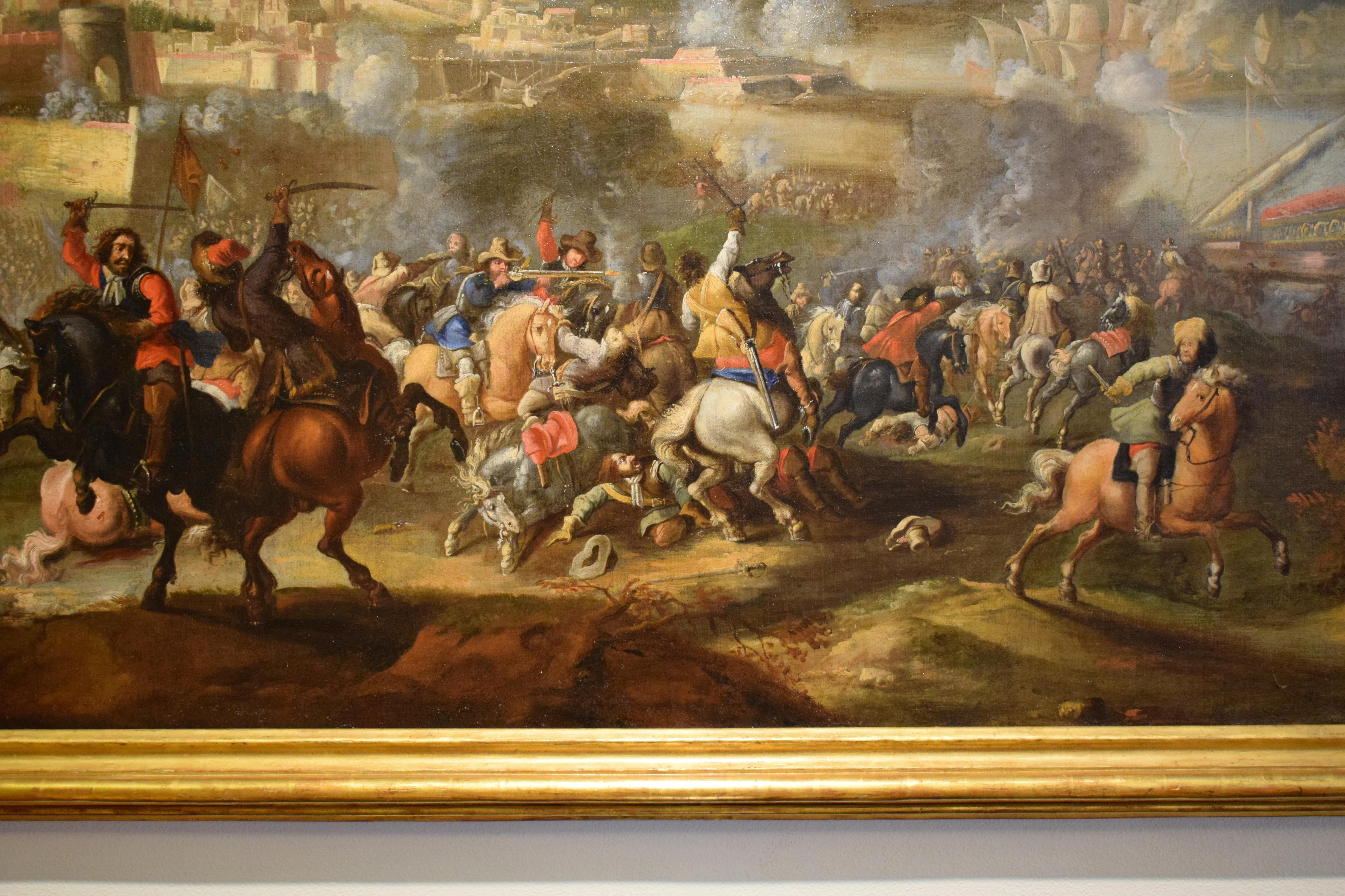 17th Century, Italian Painting with Battle attributed to Marzio Masturzo For Sale 1