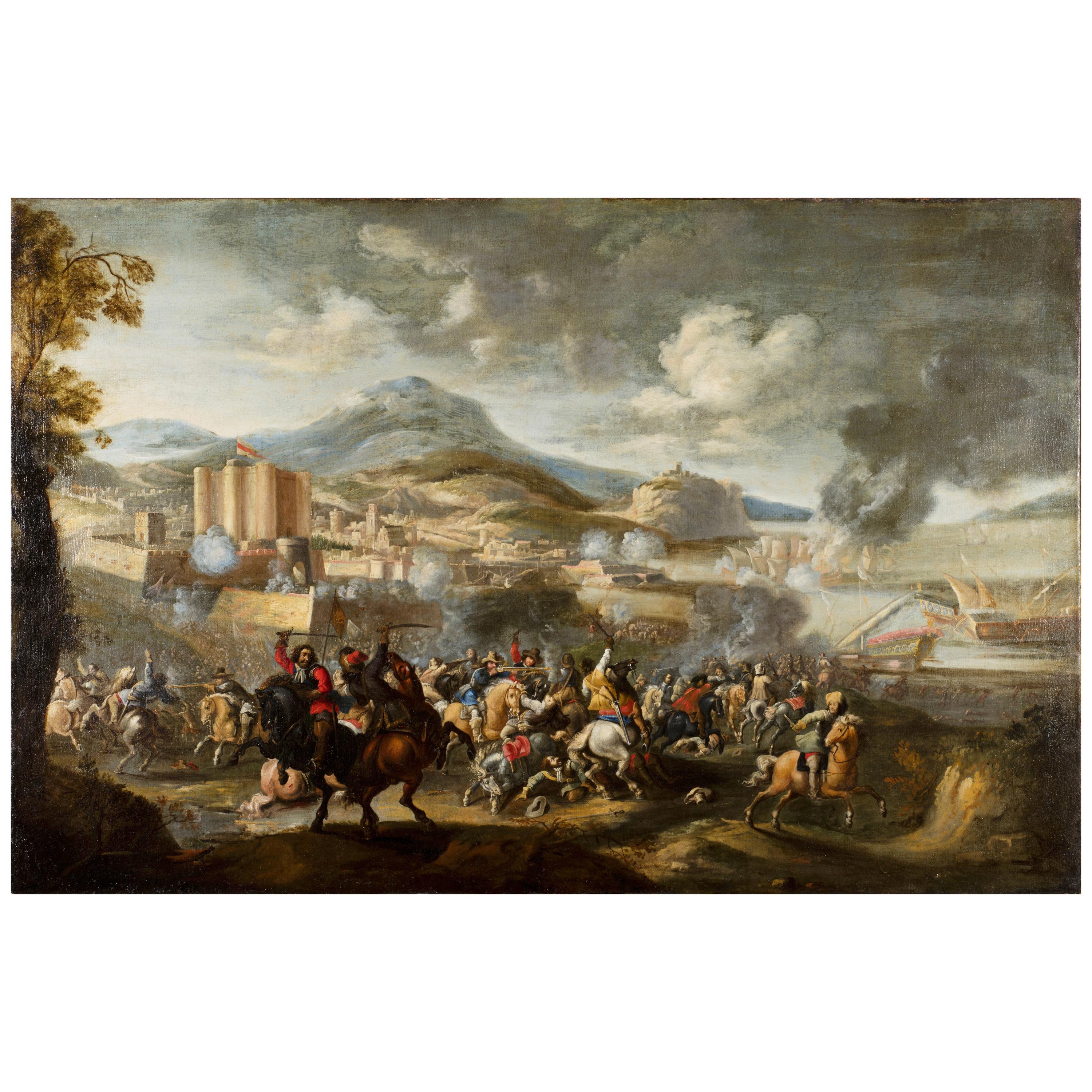 17th Century, Italian Painting with Battle attributed to Marzio Masturzo For Sale