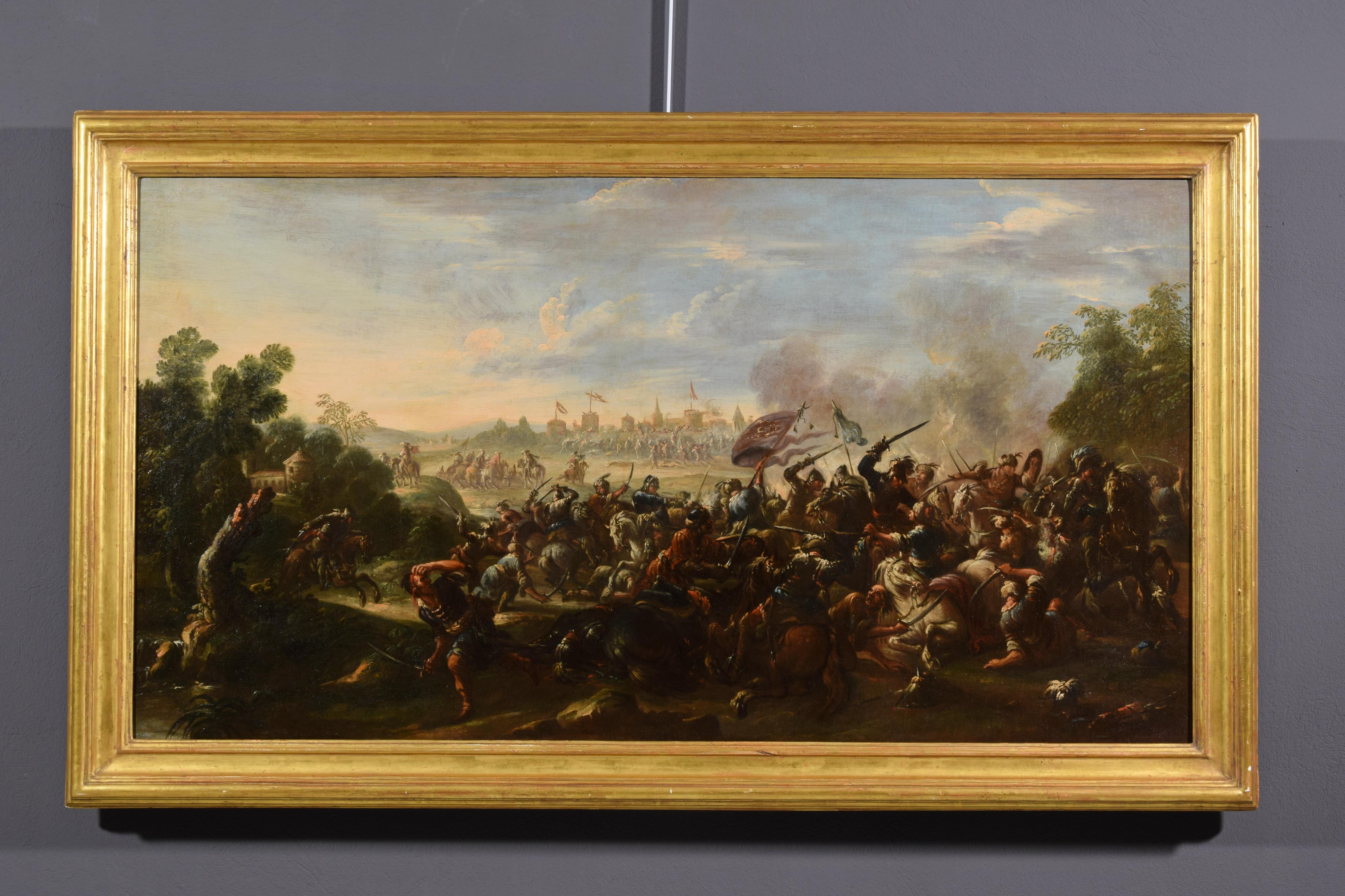 17th Century, Italian Painting with Battle Between Christian and Turkish Cavalry For Sale 4