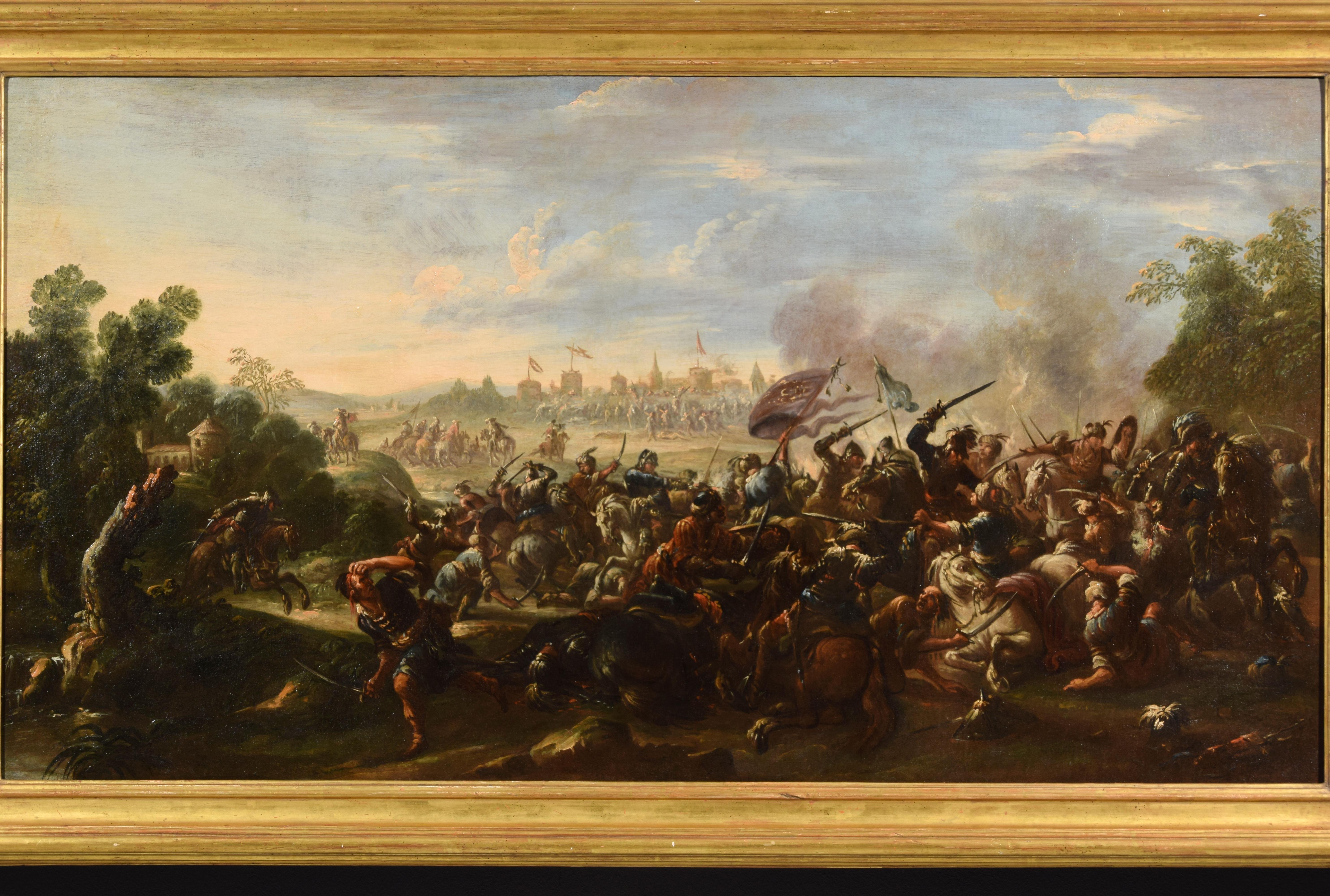 17th century, Italian oil on canvas painting with battle between Christian and Turkish cavalry

The oil on canvas painting depicts a battle between Christian and Turkish cavalry. Characterized by a strong dynamism, the main scene occupies the