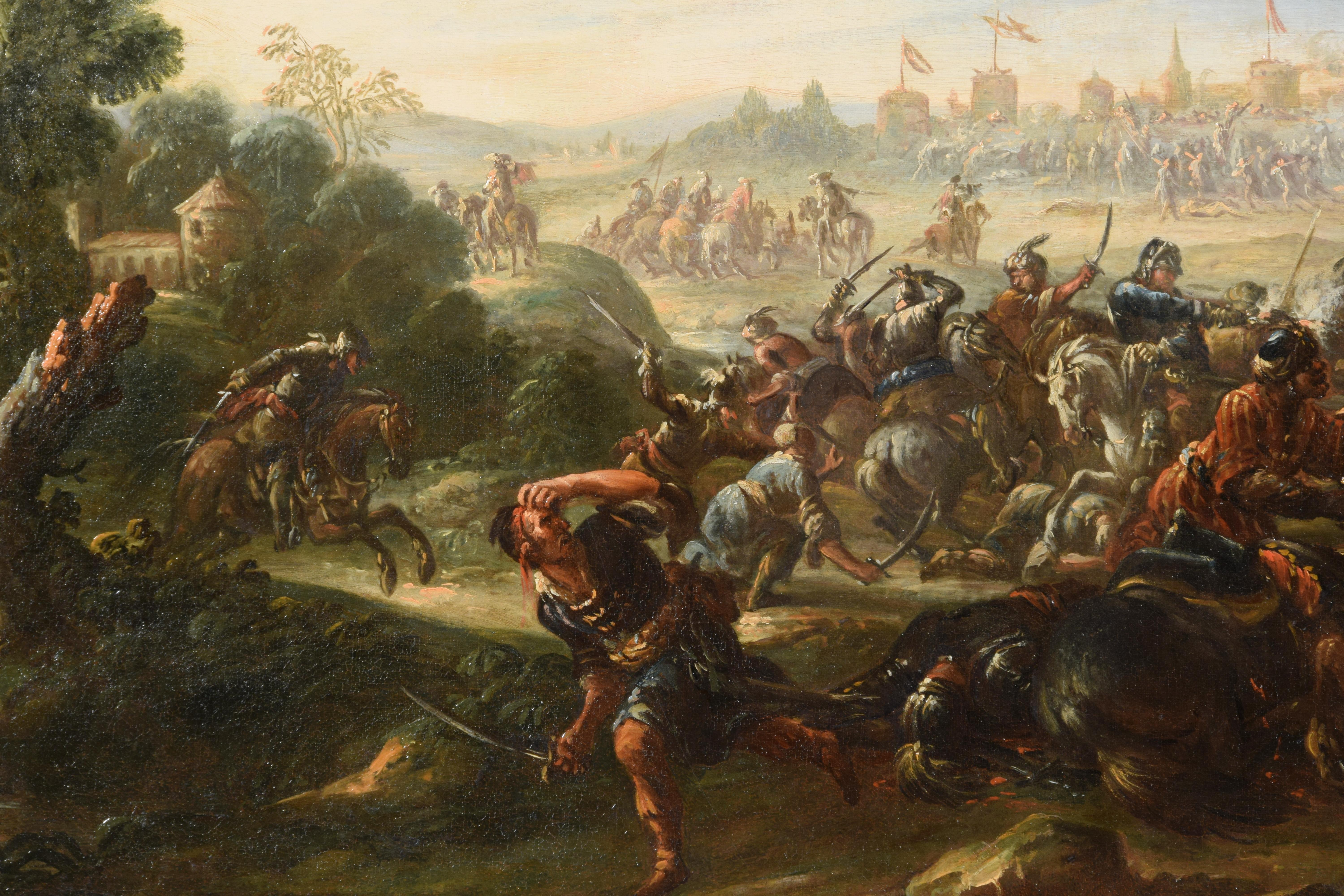 Baroque 17th Century, Italian Painting with Battle Between Christian and Turkish Cavalry For Sale