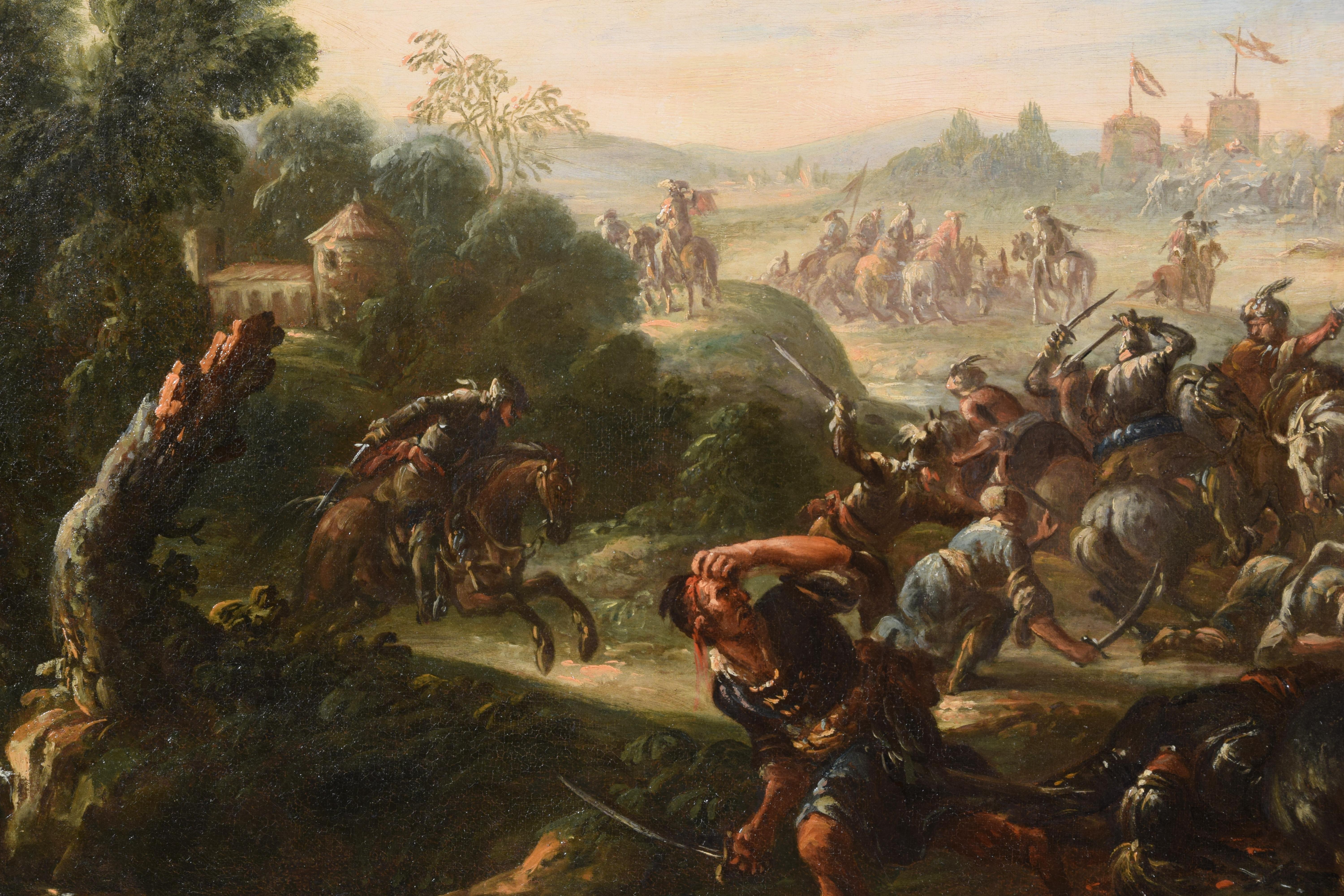 European 17th Century, Italian Painting with Battle Between Christian and Turkish Cavalry For Sale