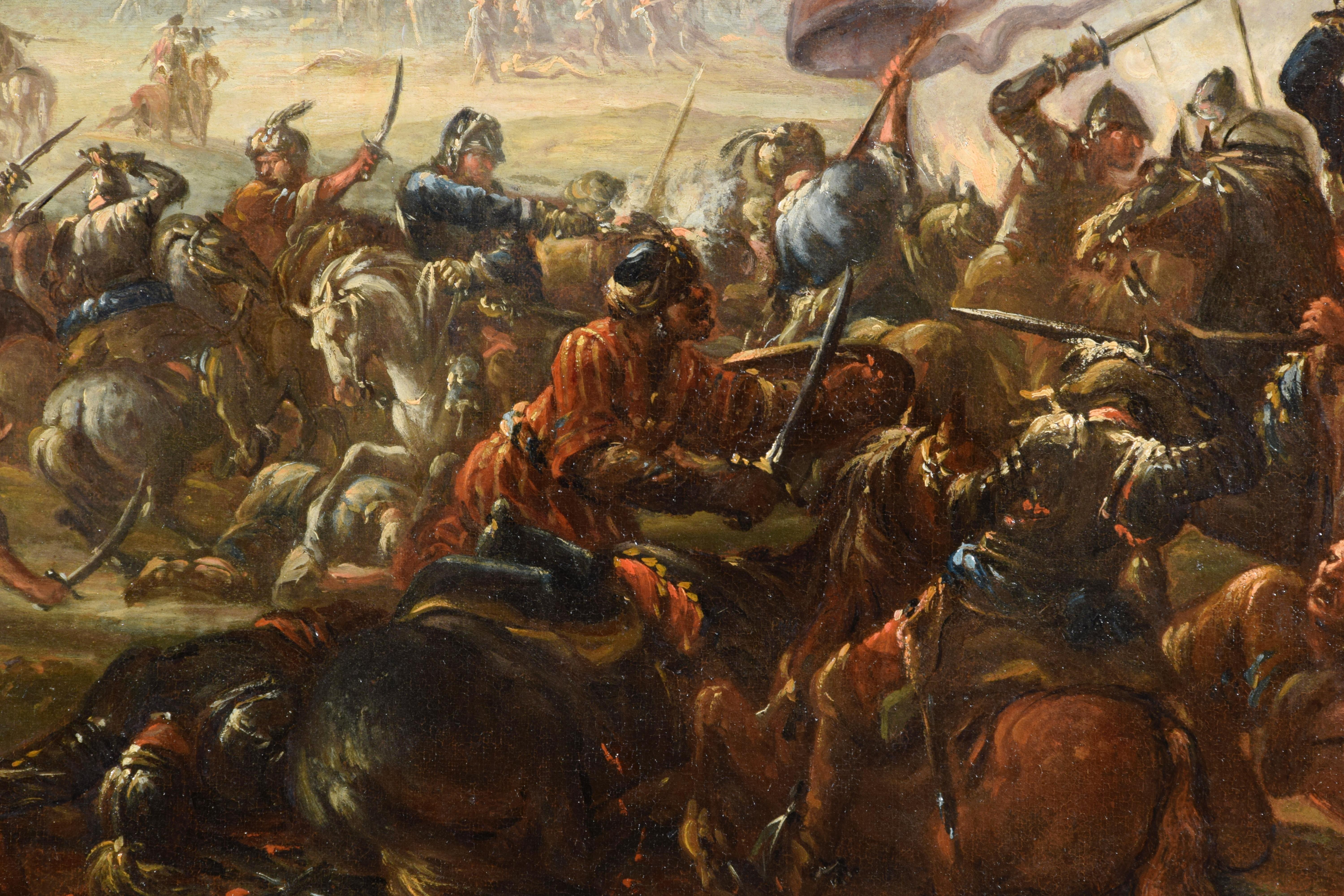Hand-Painted 17th Century, Italian Painting with Battle Between Christian and Turkish Cavalry For Sale