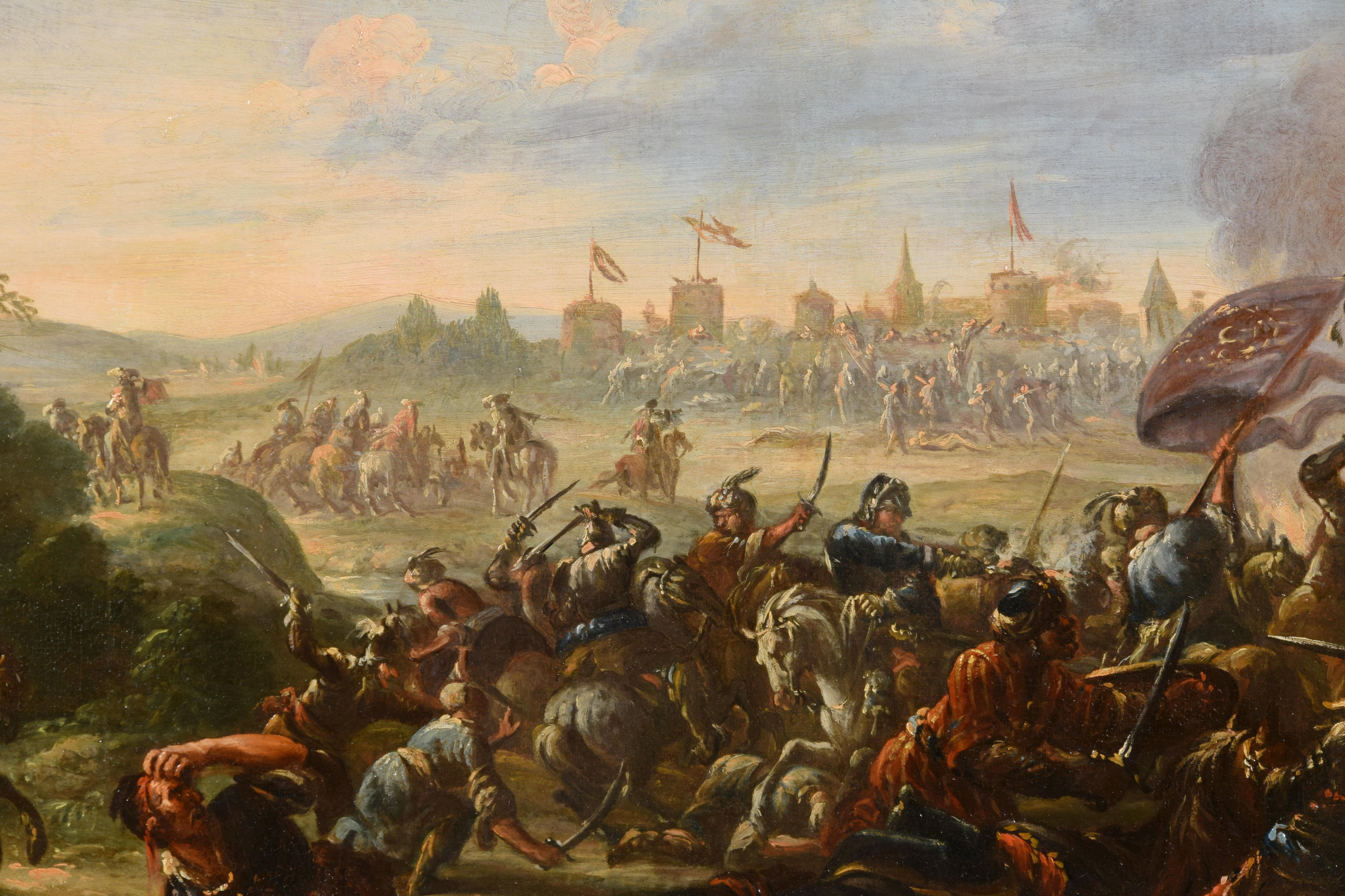 Canvas 17th Century, Italian Painting with Battle Between Christian and Turkish Cavalry For Sale
