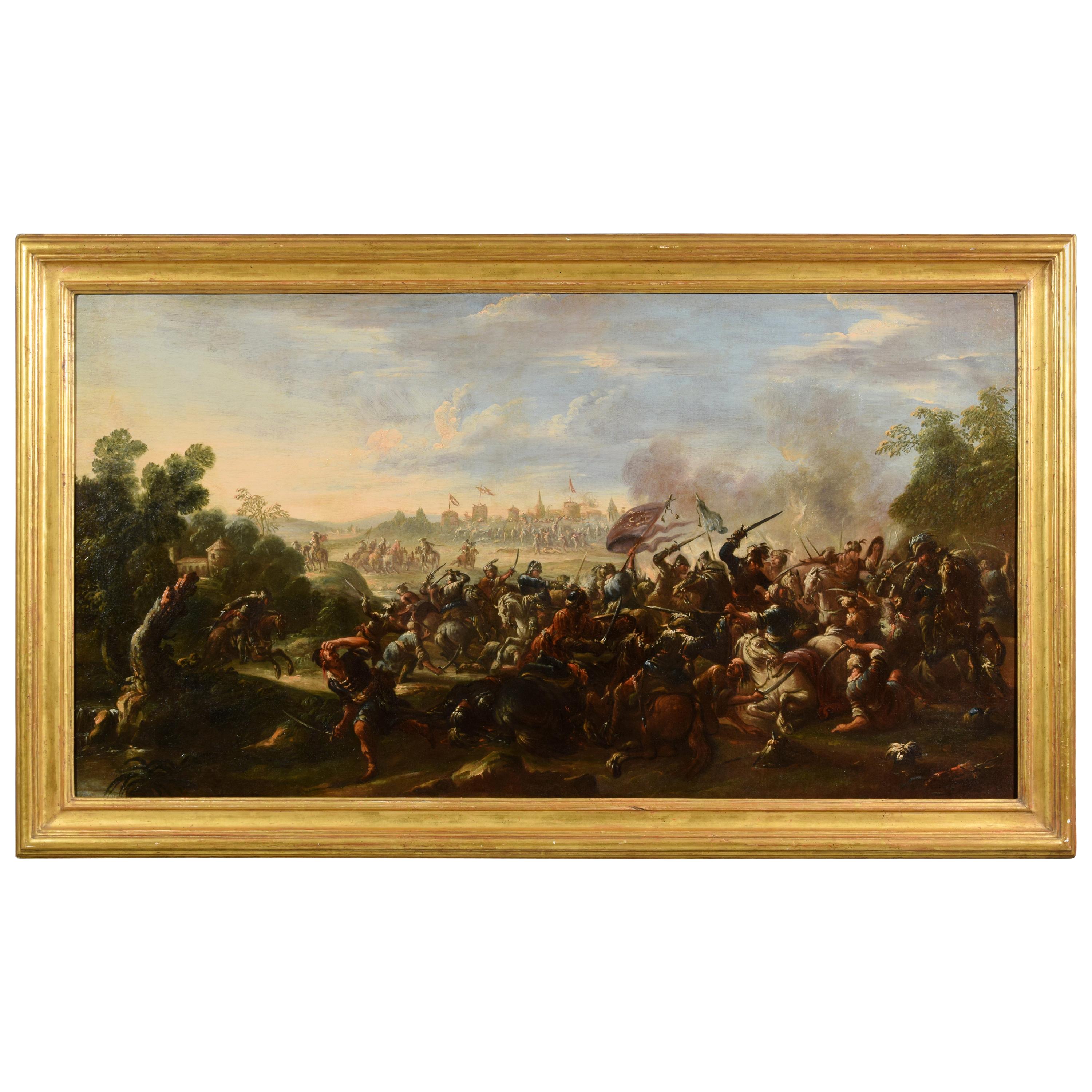 17th Century, Italian Painting with Battle Between Christian and Turkish Cavalry