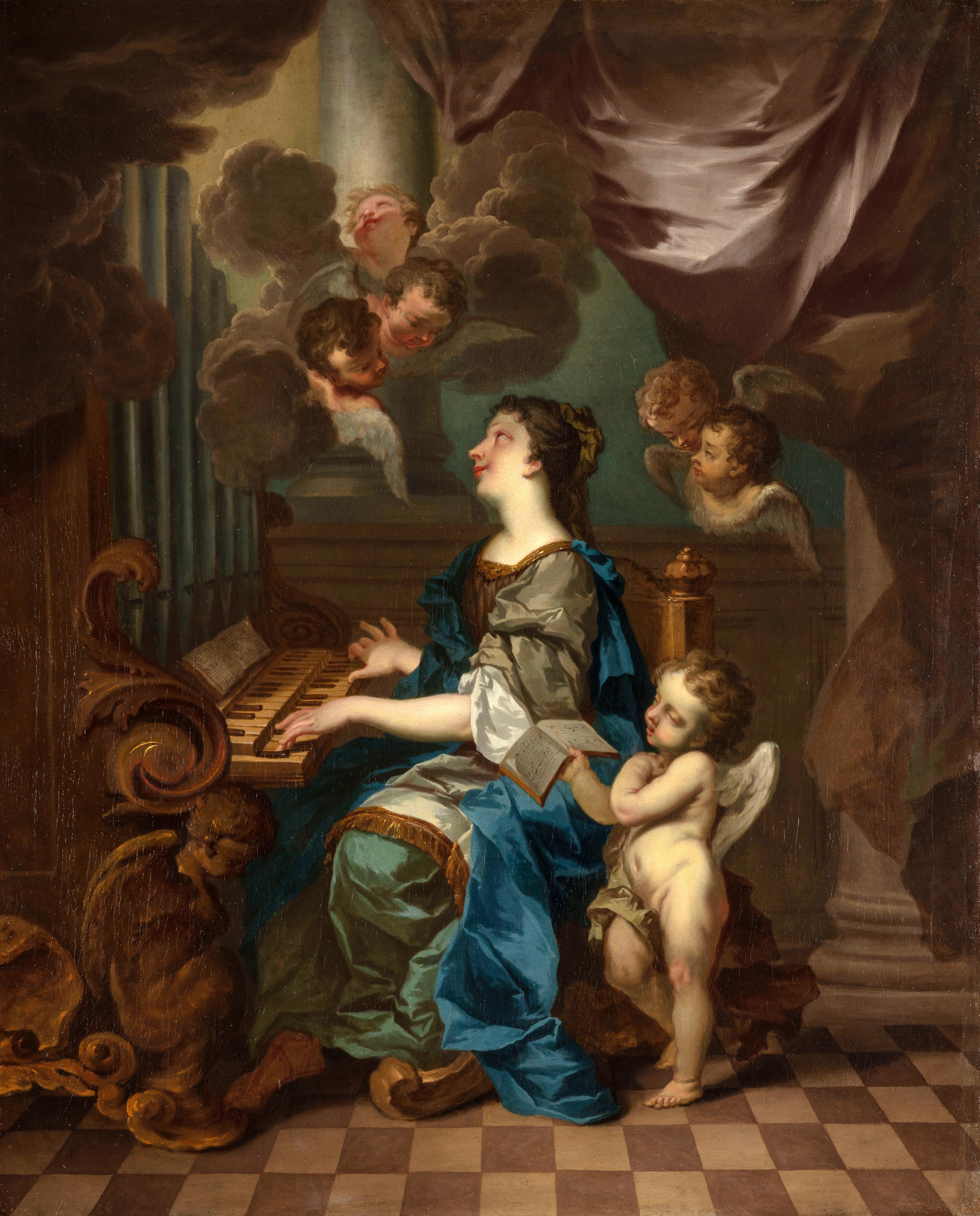 17th century Roman school, Santa Cecilia with angels in concert, oil painting on canvas

The valuable painting, in excellent condition, depicts Saint Cecilia playing the organ, surrounded by cherubs and cherubim. The saint, with an absent gaze and