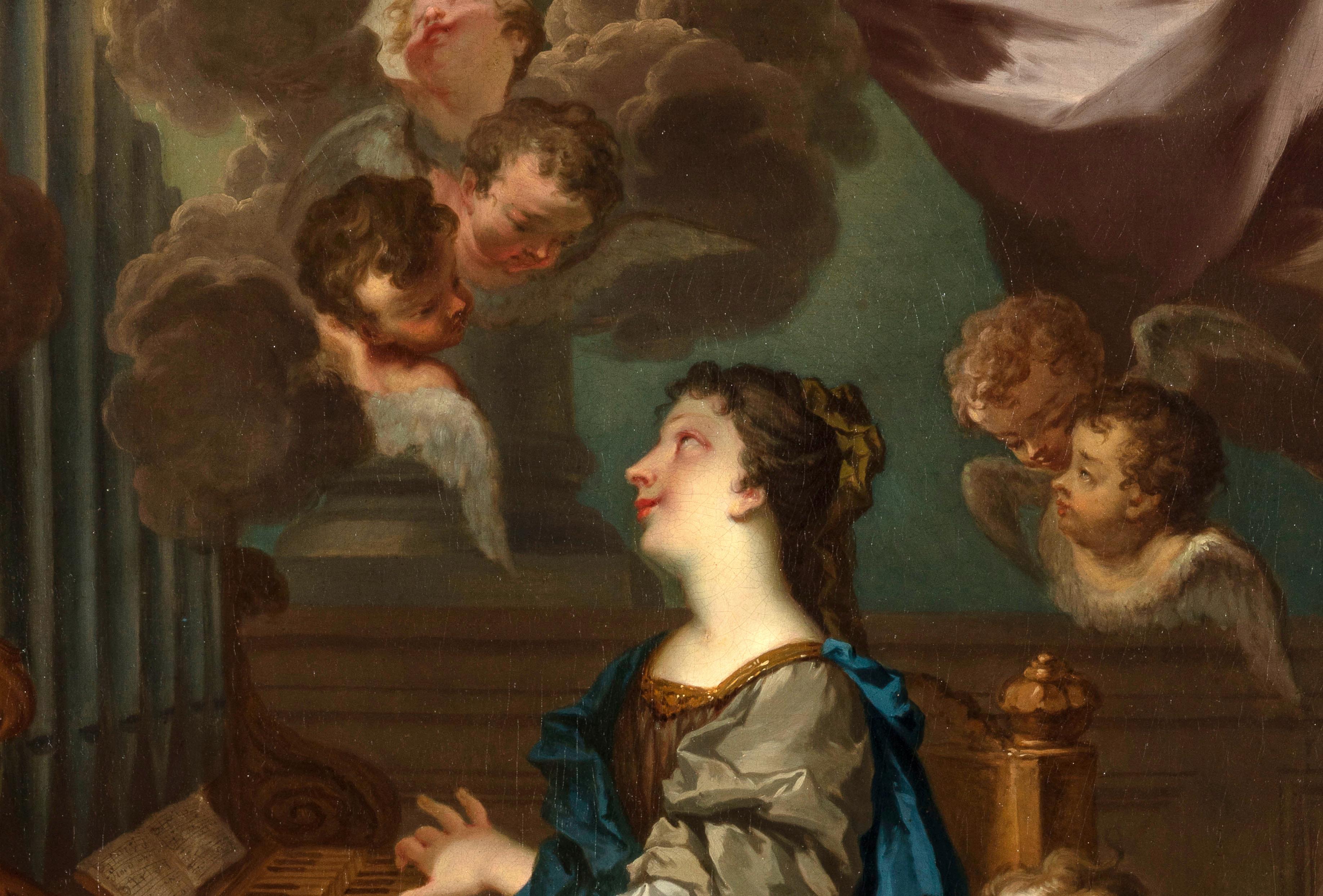 Baroque 17th Century, Italian Painting with Saint Cecilia with Angels in Concert For Sale