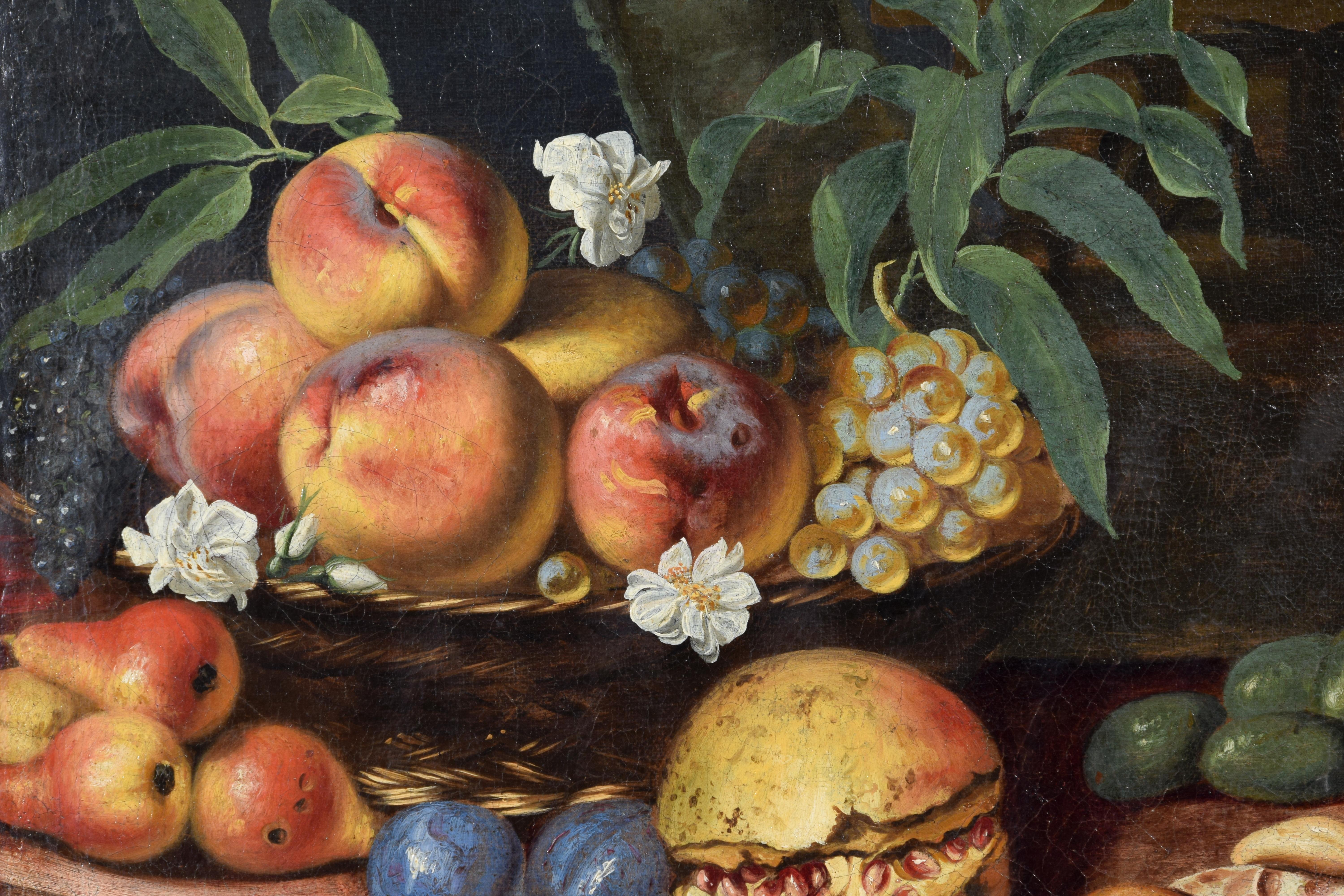 17th Century, Italian Painting with Still Life with Fruit, Dogs and Cat For Sale 4