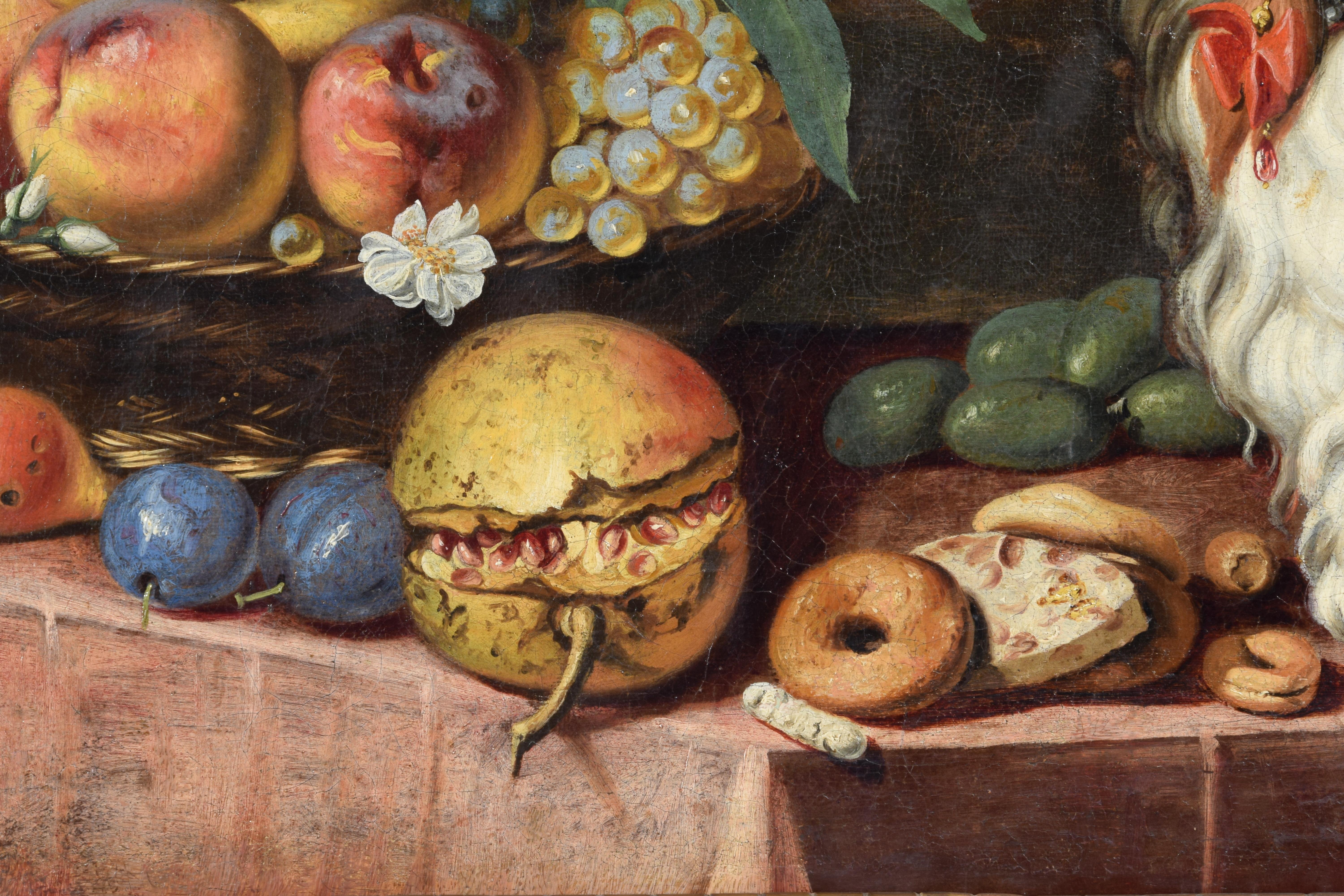 17th Century, Italian Painting with Still Life with Fruit, Dogs and Cat For Sale 8