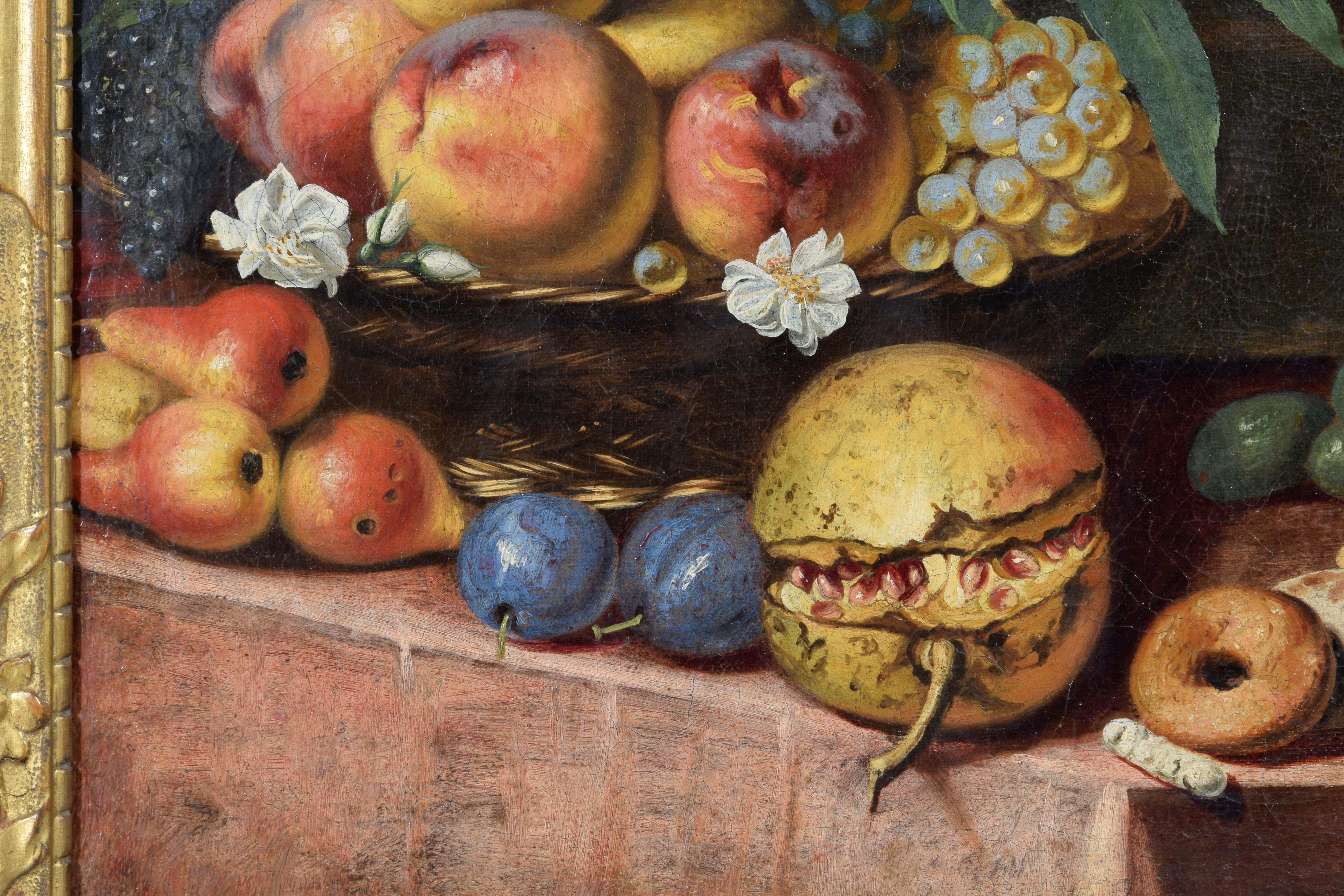 Italienisches Gemälde des 17. Jahrhunderts mit Stillleben mit Obst, Hunden und Katze im Angebot 8