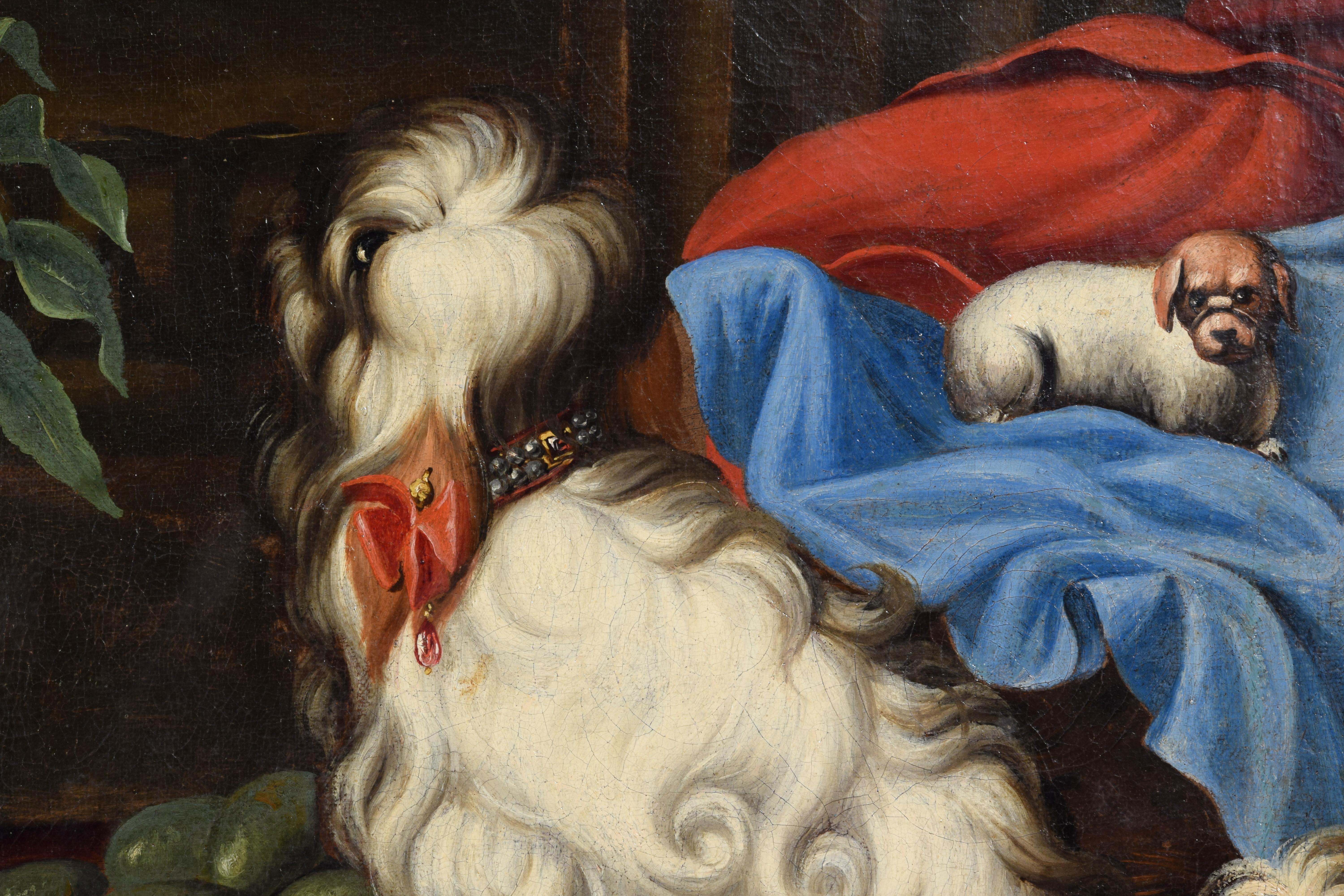 Italienisches Gemälde des 17. Jahrhunderts mit Stillleben mit Obst, Hunden und Katze im Angebot 10