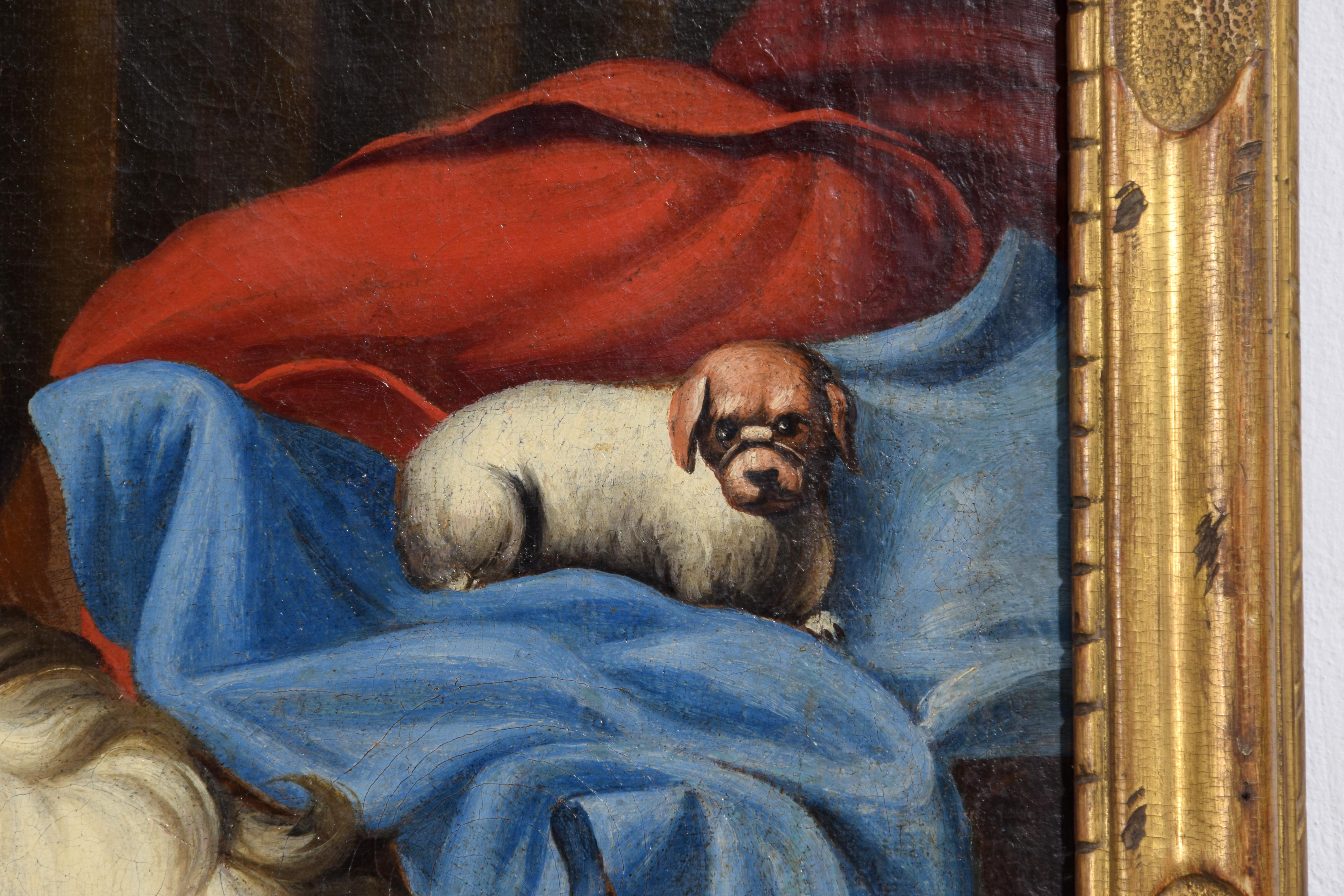Italienisches Gemälde des 17. Jahrhunderts mit Stillleben mit Obst, Hunden und Katze im Angebot 11
