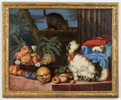 17th Century, Italian Painting with Still Life with Fruit, Dogs and Cat